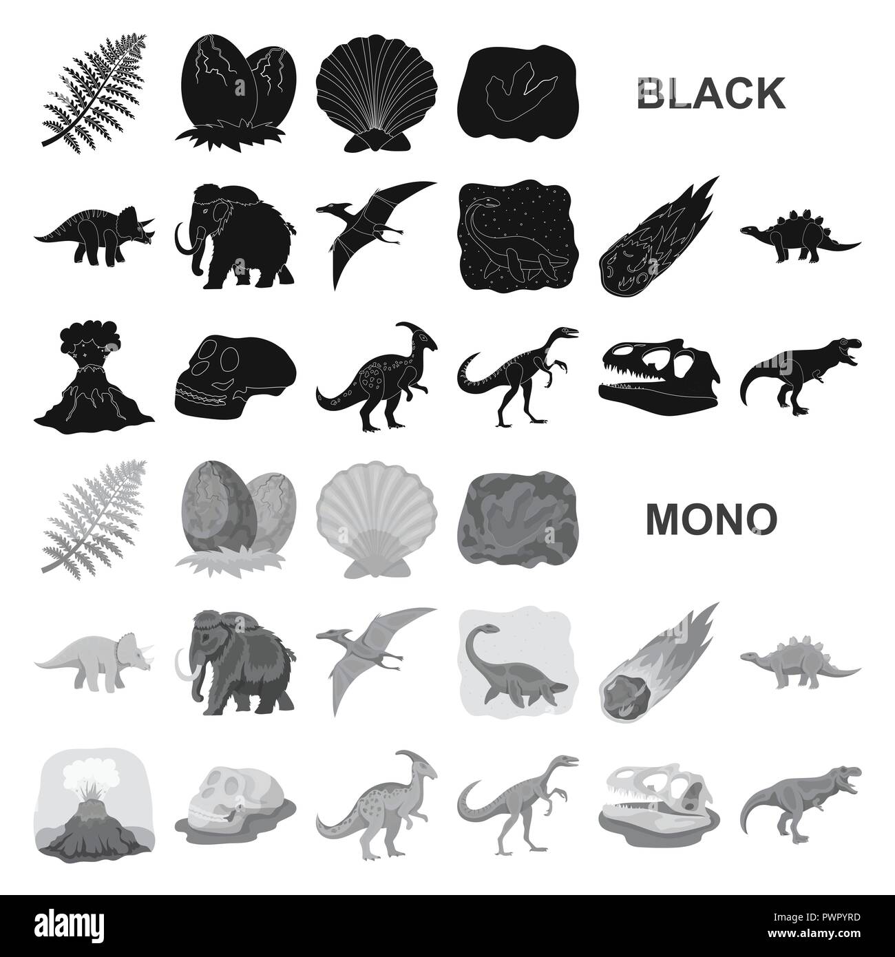 Alter, Tier, antike, Kunst, schwarz, Sammlung, Design, Dinosaurier, Dinos, Ei, Eruption, ausgestorben, Flamme, Footprint, Fossilien, gallimimus, Pflanzenfresser, menschliche, Icon, Illustration, isoliert, jurassic, Logo, Säugetier, Mammut, Meteorit, parasaurolophus, Periode, Pflanze, prähistorische, pterodactyloidea bleibt, Felsen, Meer, Muschel, Satz, Zeichen, Stegosaurus, Stein, Symbol, Triceratops, tyrannosaurus, Vector, Vulkan, web Vektor Vektoren, Stock Vektor