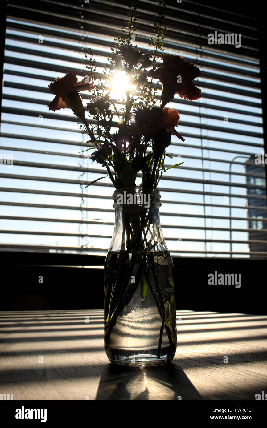 Sanft Schwerpunkt der Blumen im Glas Flasche voll Wasser auf hölzernen leere Tabelle mit horizontalen Schatten auf den Tisch und herrlichem Sonnenlicht in ein w Stockfoto