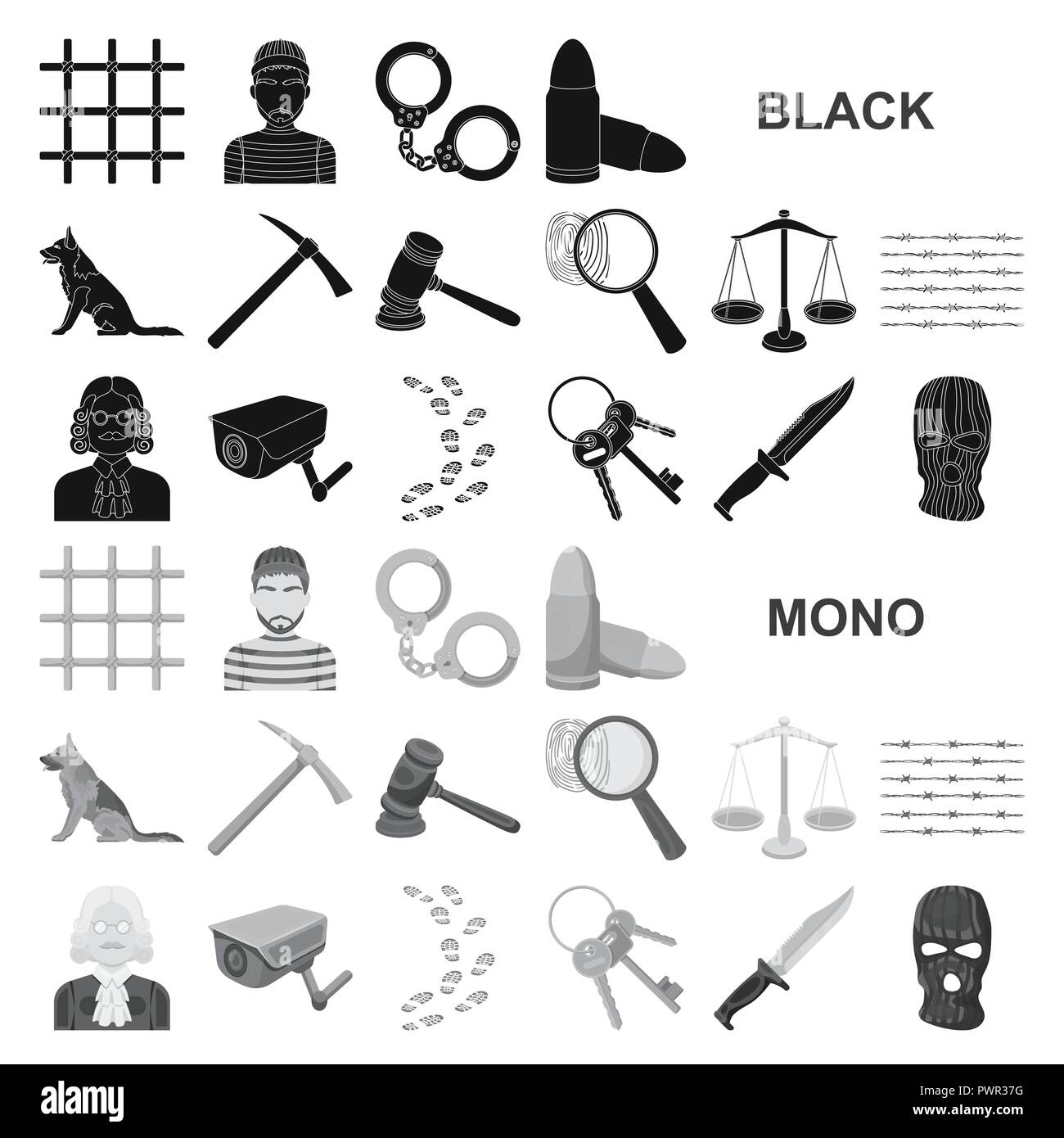 Gefängnis und die kriminelle schwarze Symbole in der Sammlung für Design. Gefängnis und Attribute vektor Symbol lieferbar Abbildung. Stock Vektor