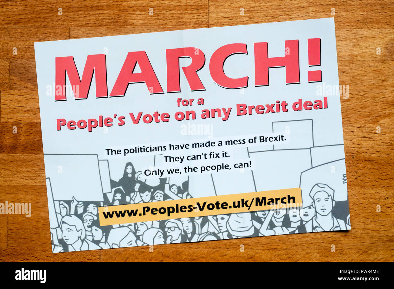 Eine Broschüre Werbung im März für ein Volk auf jedem Brexit beschäftigen. Stockfoto