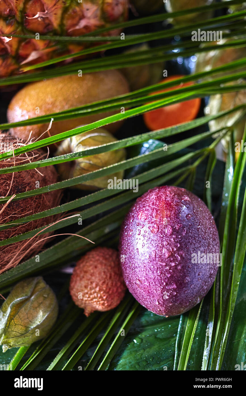 Close-up Passionsfrucht in Wassertropfen auf einer tropischen baskground mit Palmblättern. Stockfoto