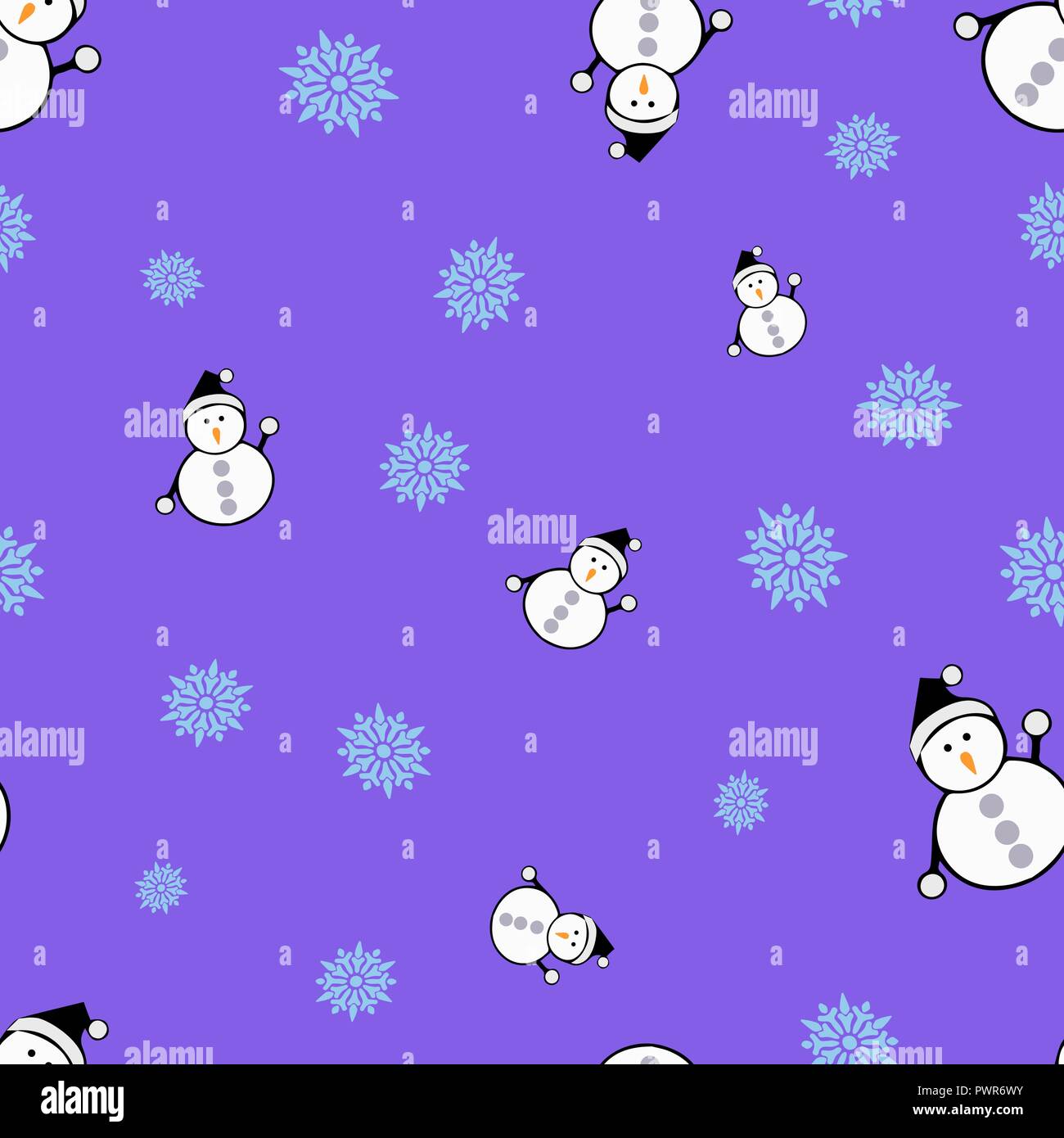Schneemänner und Schneeflocken nahtlose Muster. Purple Background. Vector Illustration. Stock Vektor
