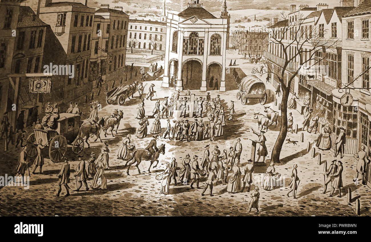 Eine frühe Drucken Übersicht aus dem 18. Jahrhundert Britische street Szene und ihre Stadt Leben einschließlich zwei Männer in einem Pranger Stockfoto