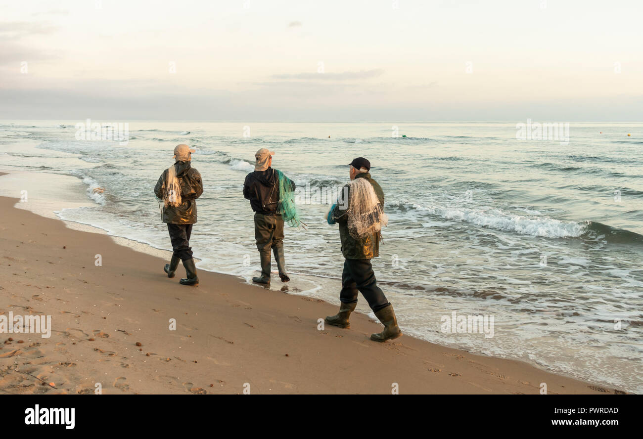 Spanische Männer mit Netzen von Strand an der Costa del Azahar, südlich von Valencia Stockfoto