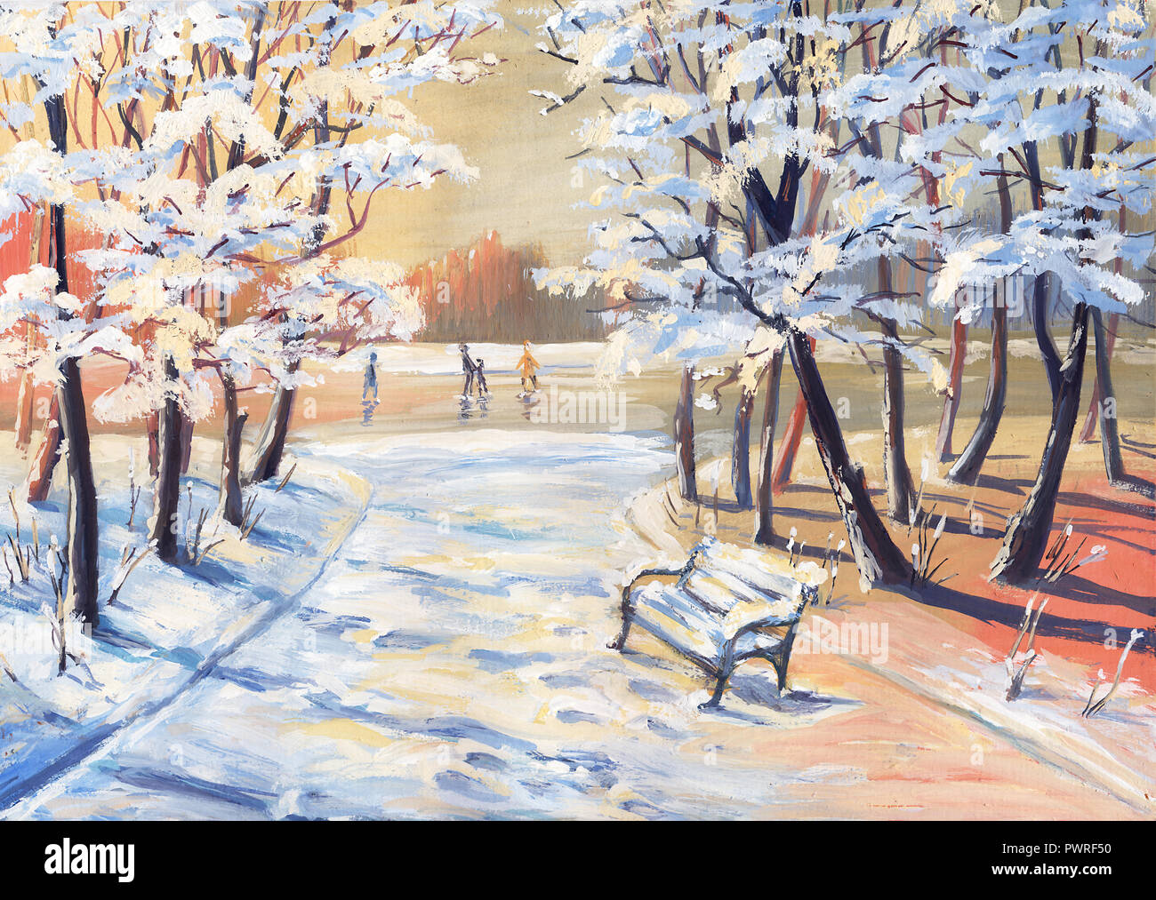 Gouache Malerei Winter Landschaft mit schneebedeckten Bäumen, Pfad, Bank und Eiskunstläufer auf einem zugefrorenen Fluss Stockfoto