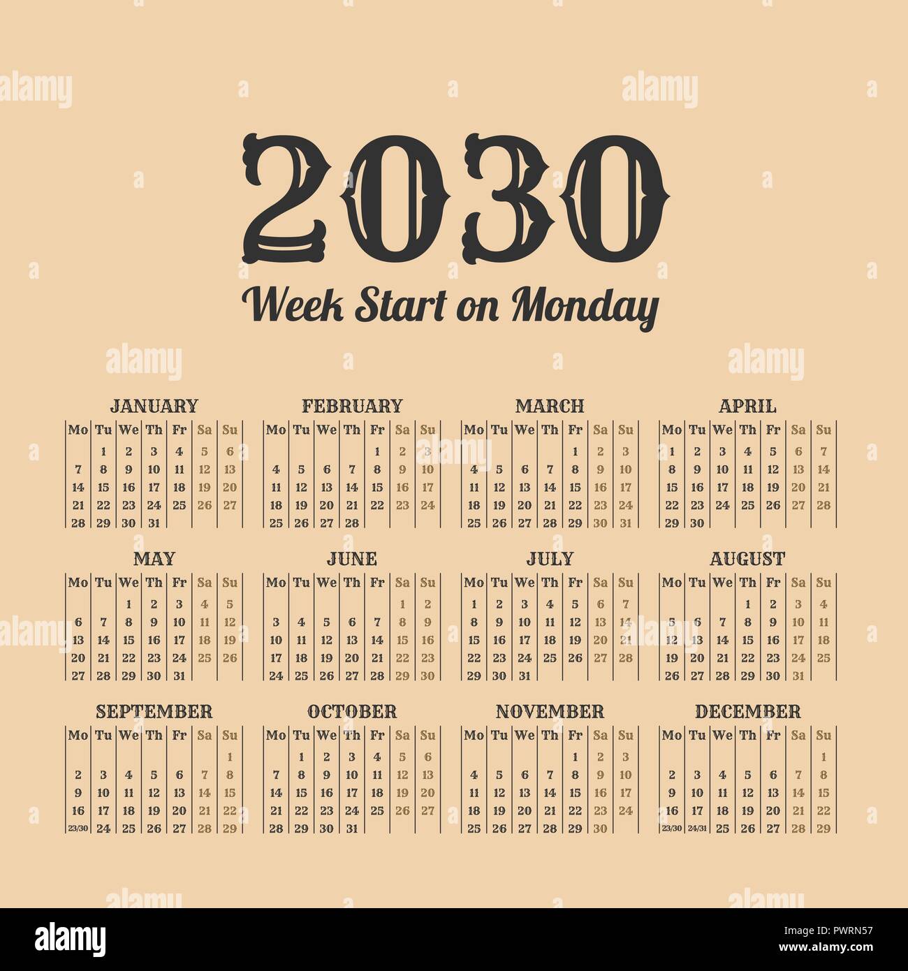 2030 Jahr retro Kalender. Wochen beginnen am Montag Stock Vektor