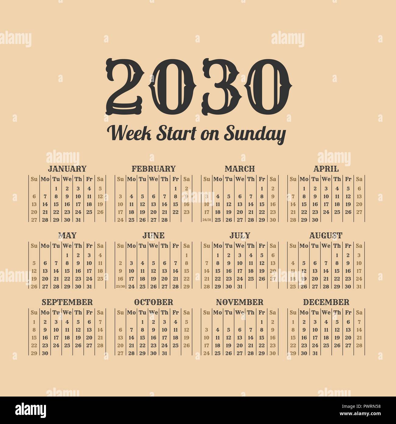 2030 Jahr retro Kalender. Wochen am Sonntag Stock Vektor