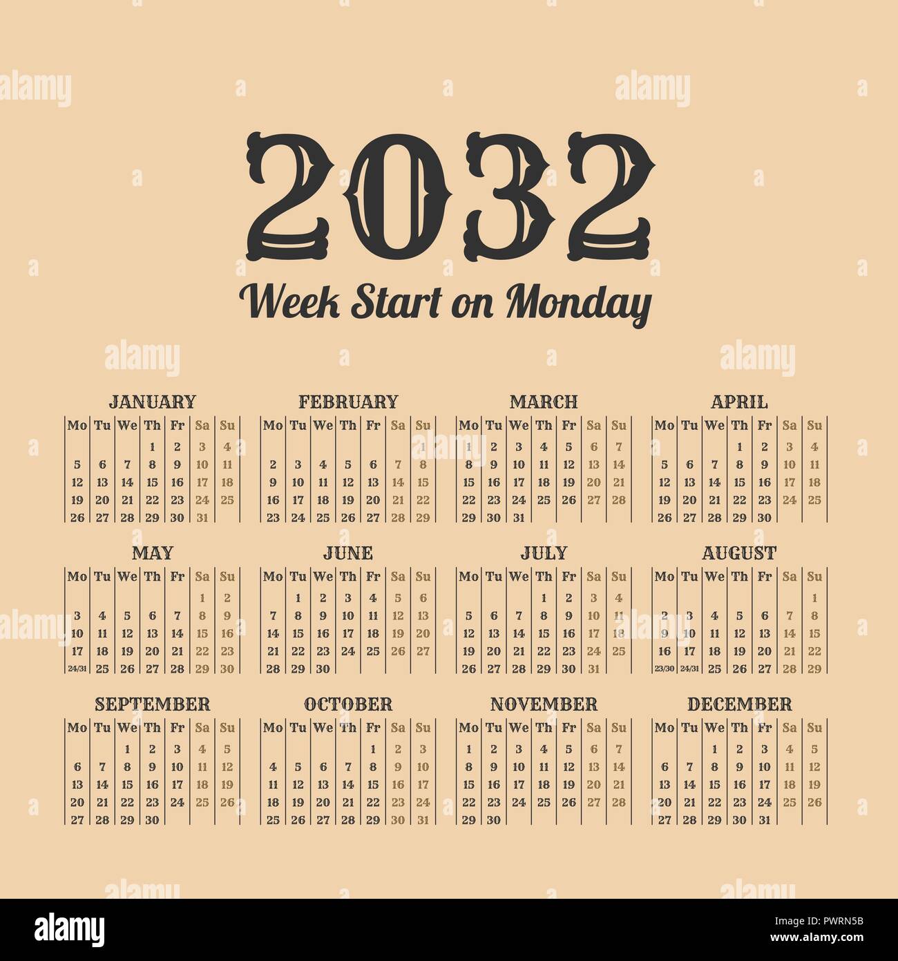 2032 Jahr retro Kalender. Wochen beginnen am Montag