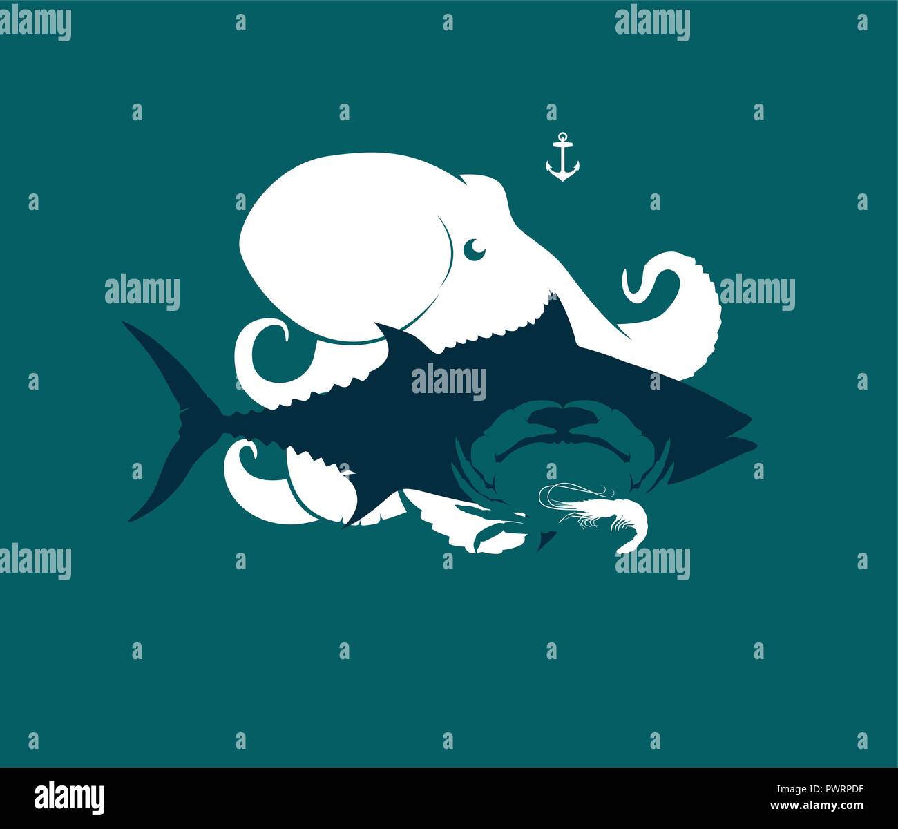 Silhouette von Meeresfrüchten, Octopus, Thunfisch, Krabben und Garnelen ...