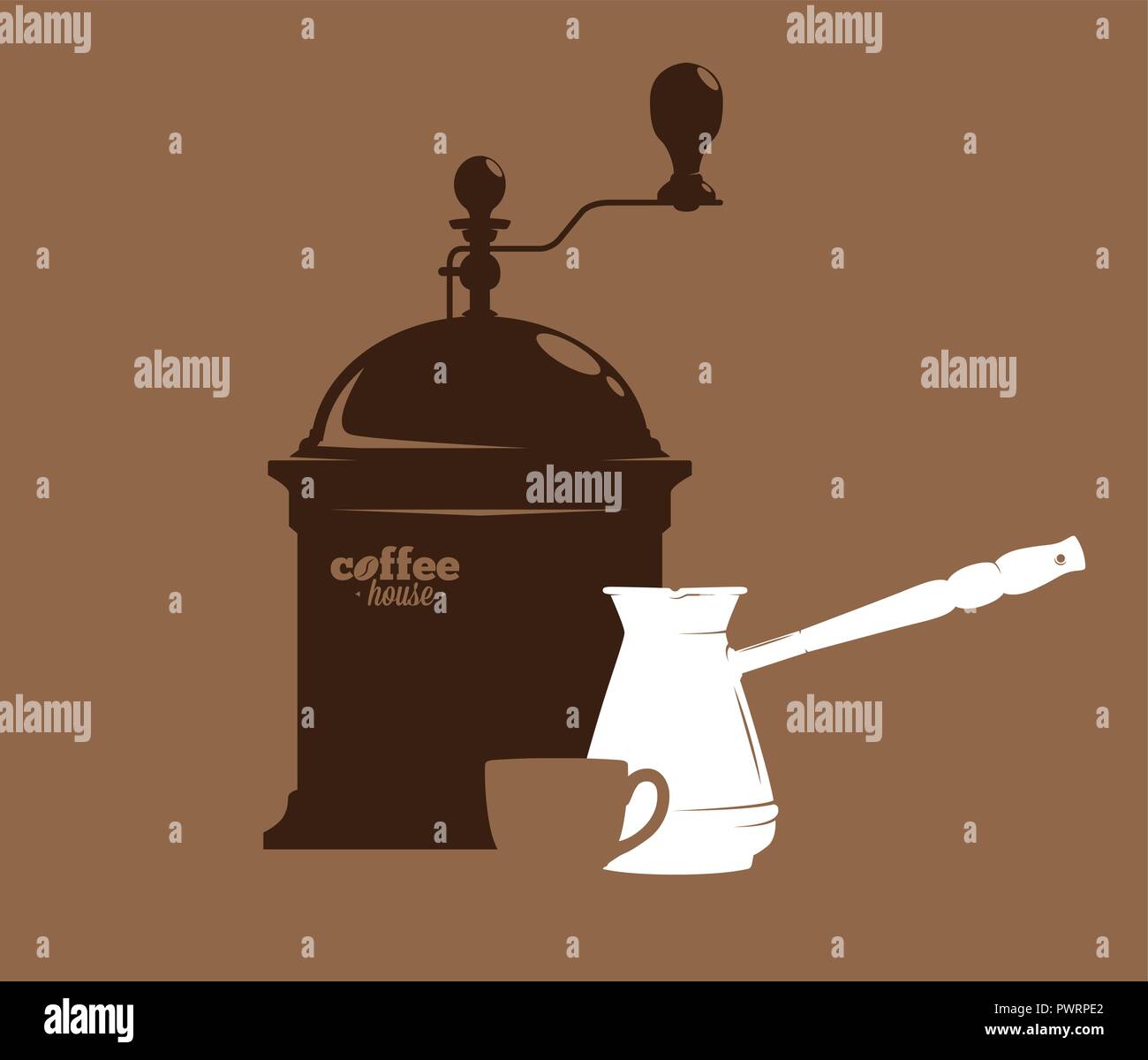 Silhouette einer Kaffeemühle, cezve und Becher, Kaffee, Vector Illustration Vorlage für Ihr Logo Design Stock Vektor