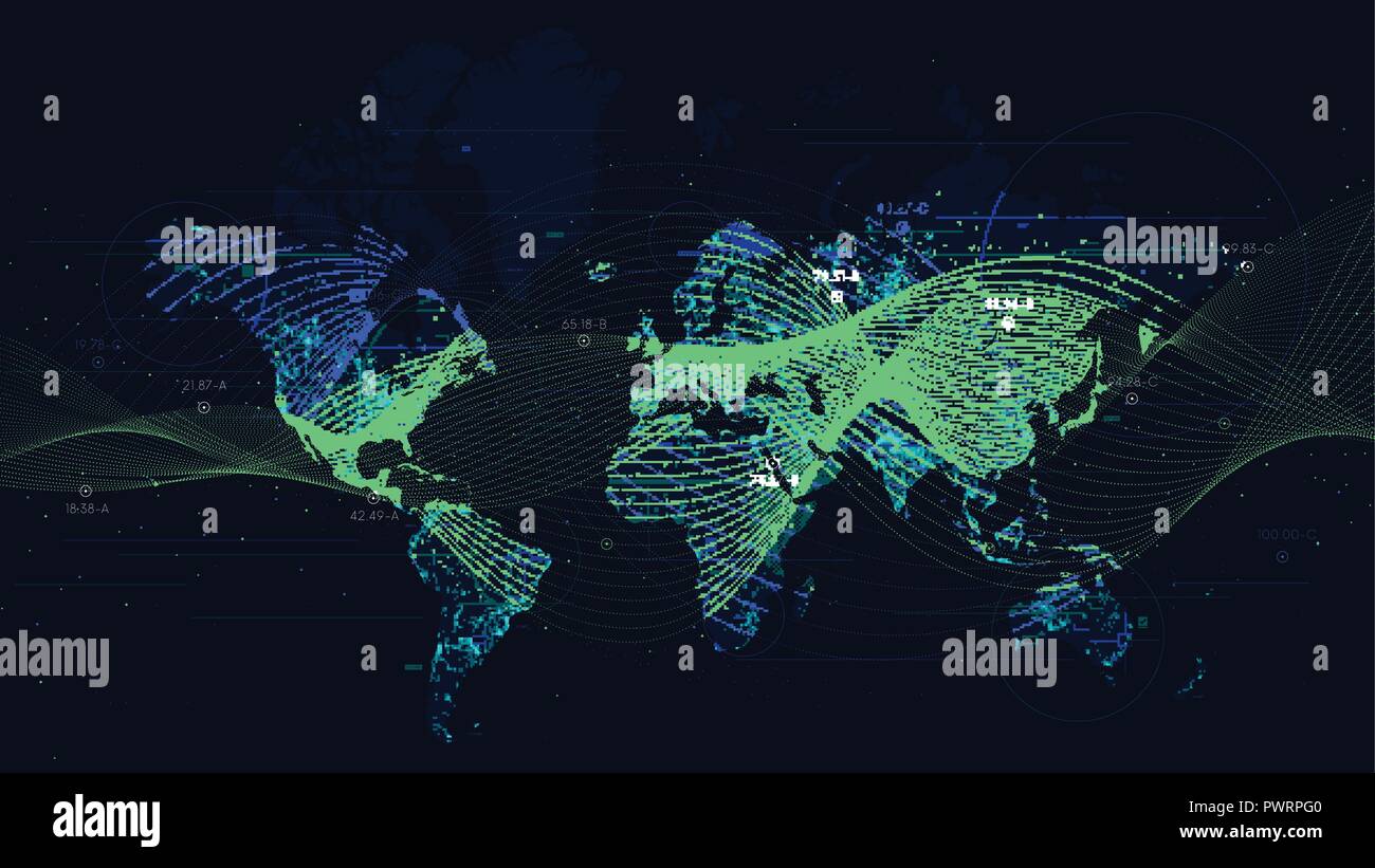 Abstract vector Hintergrund mit dynamischen Wellen, große Daten Visualisierung mit einer Weltkarte futuristische Präsentation Bild Stock Vektor