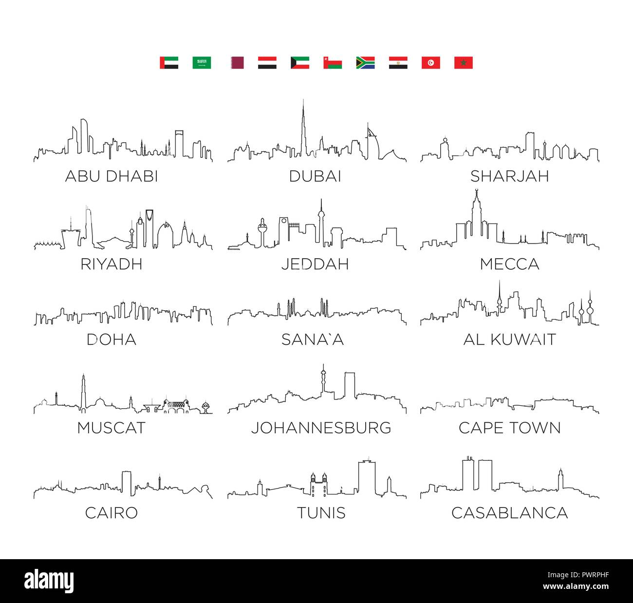Arabische Halbinsel und Afrika skyline city line Kunst, Vector Illustration Design von Vektor Stadt Silhouetten Stock Vektor