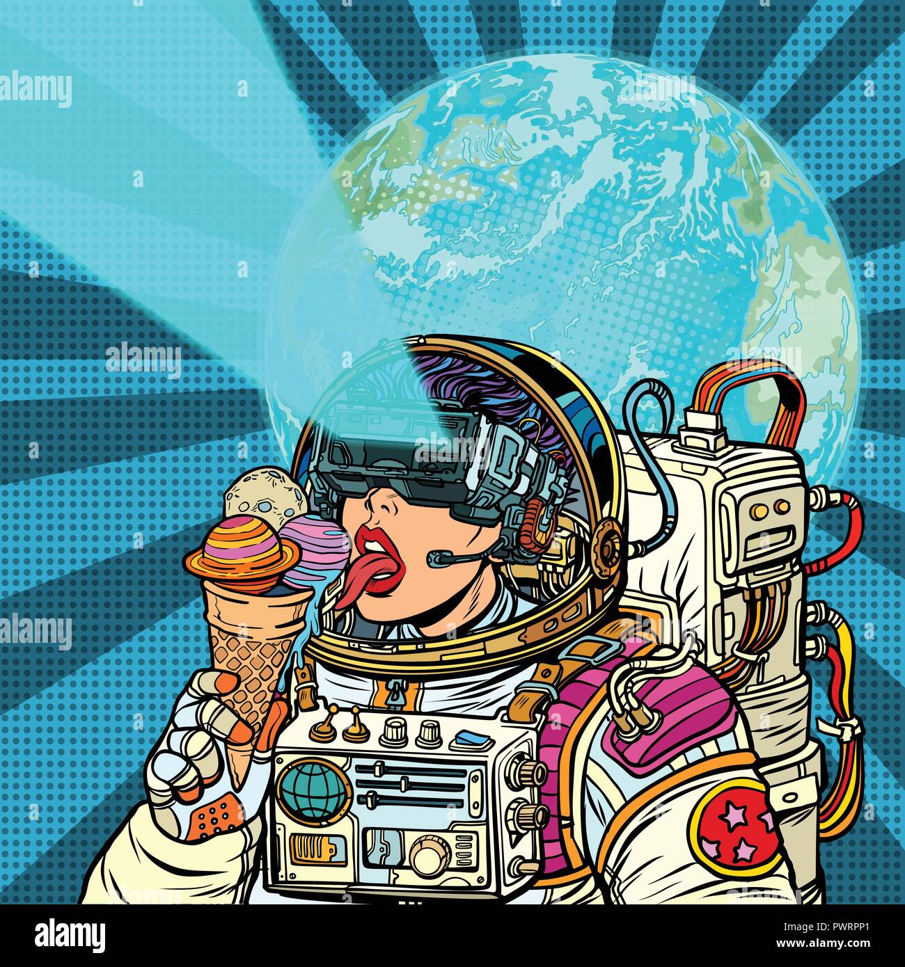 Virtuelle Realität. Frau Astronaut und Raum Träume Stock Vektor