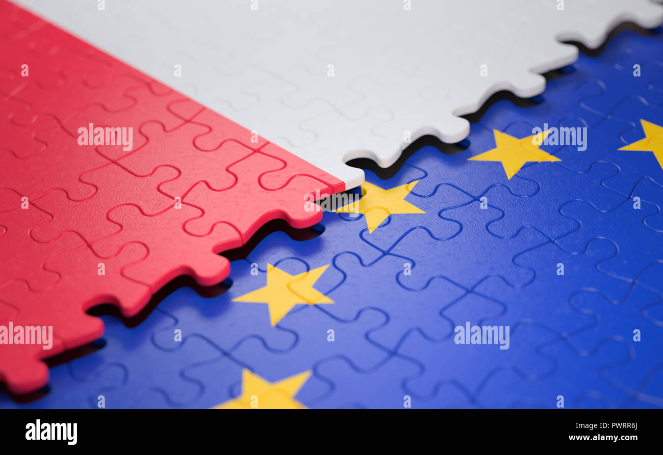 Flagge der Polen und der Europäischen Union in Form der Puzzleteile im Konzept von Politik und wirtschaftlichen Union. Stockfoto