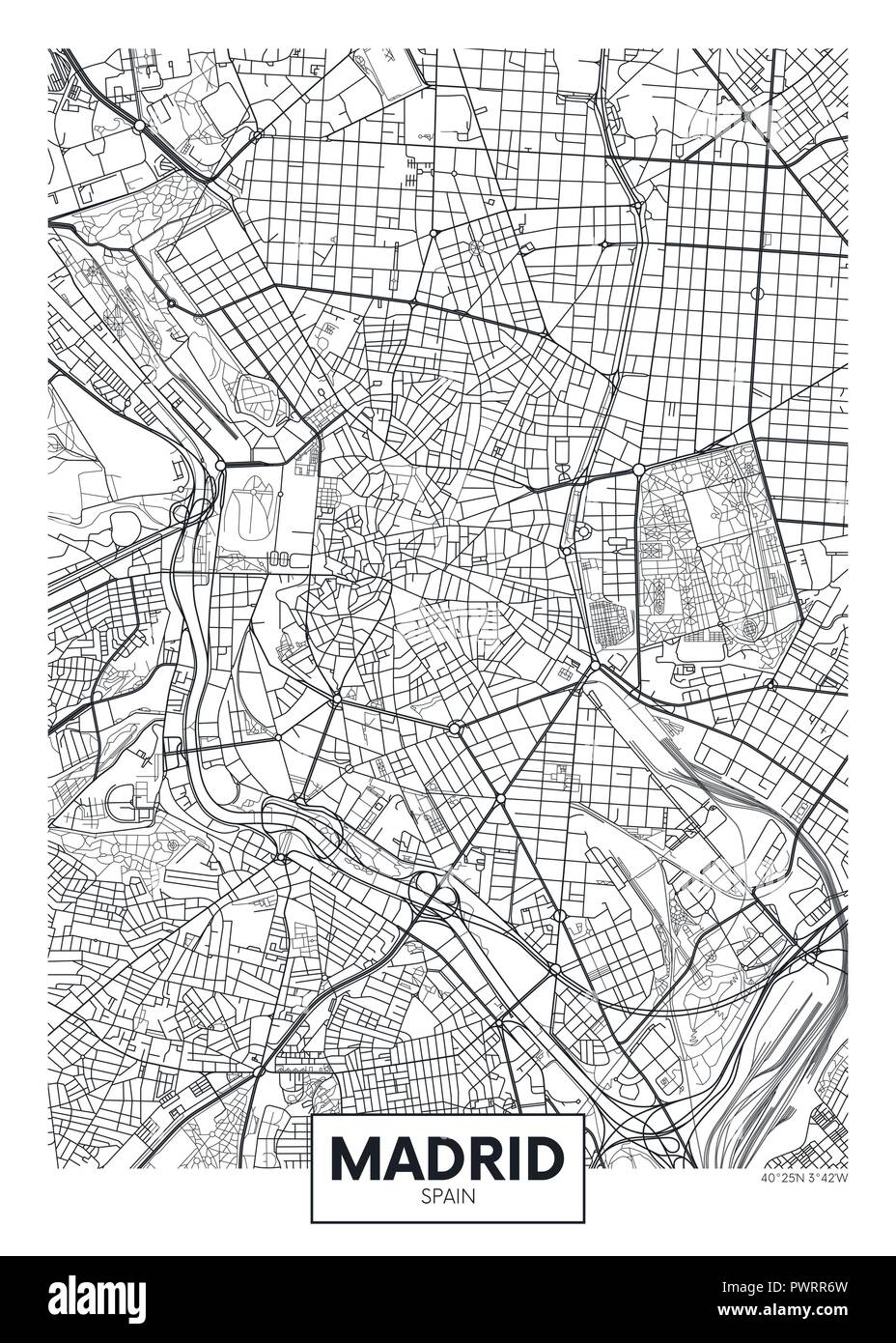 Detaillierte Vektor poster Stadtplan Madrid detaillierten Plan der Stadt, Flüsse und Straßen Stock Vektor