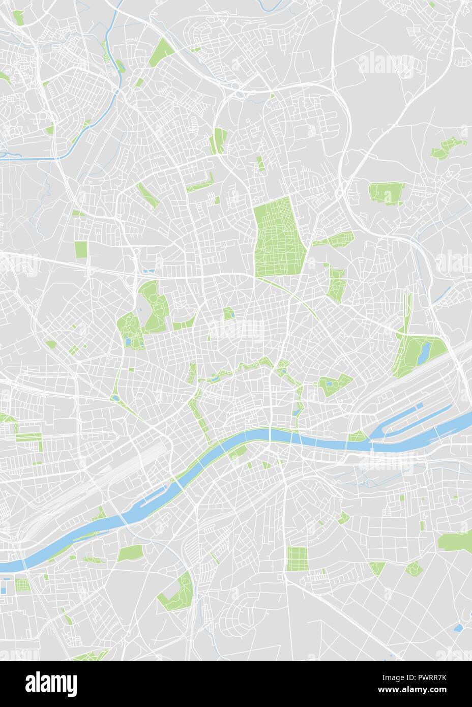 Frankfurt am Main farbige Vektorkarte detaillierten Plan der Stadt, Flüsse und Straßen Stock Vektor