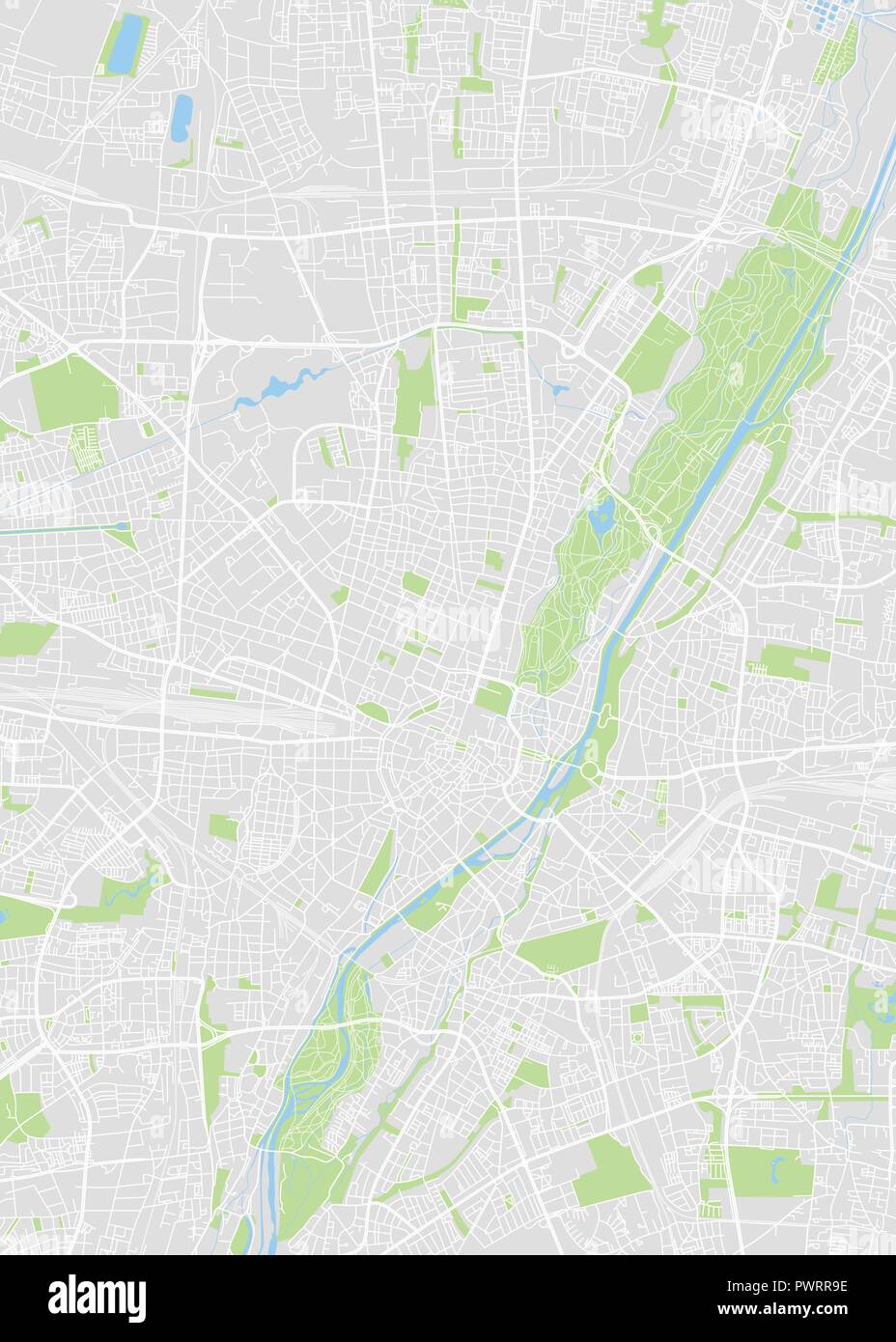 München farbige Vektorkarte detaillierten Plan der Stadt, Flüsse und Straßen Stock Vektor