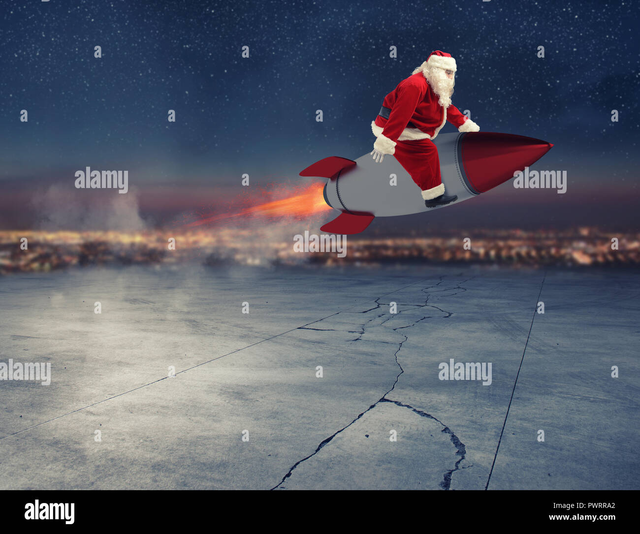 Schnelle Lieferung von Weihnachten Geschenke bereit, mit einer Rakete zu fliegen Stockfoto Schnelle Lieferung von Weihnachten Geschenke bereit, mit einer Rakete zu fliegen Stockfoto