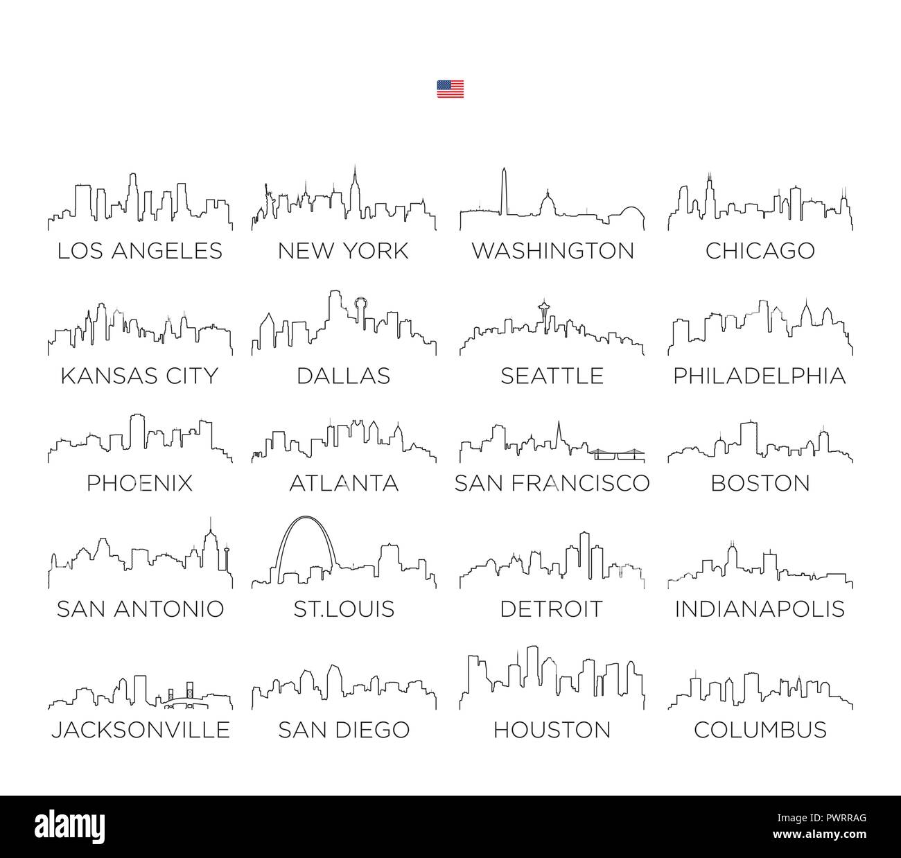 USA skyline city line Kunst, Vector Illustration Design von Vektor Stadt Silhouetten Stock Vektor