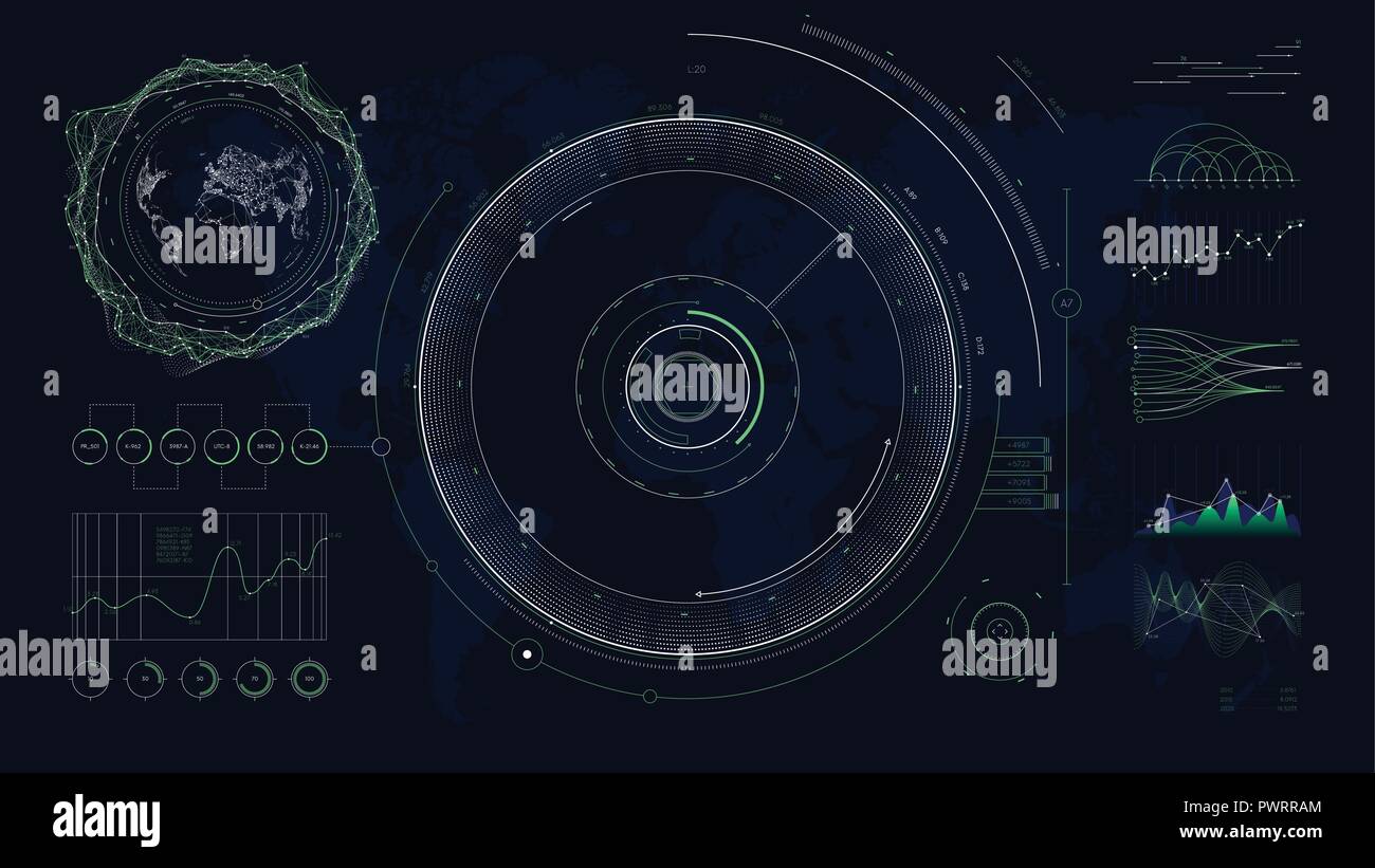 Vektor futuristische Benutzeroberfläche HUD design Grafiken und Diagramme, Global Digital Network Communications Karte Welt für Business Präsentation Stock Vektor