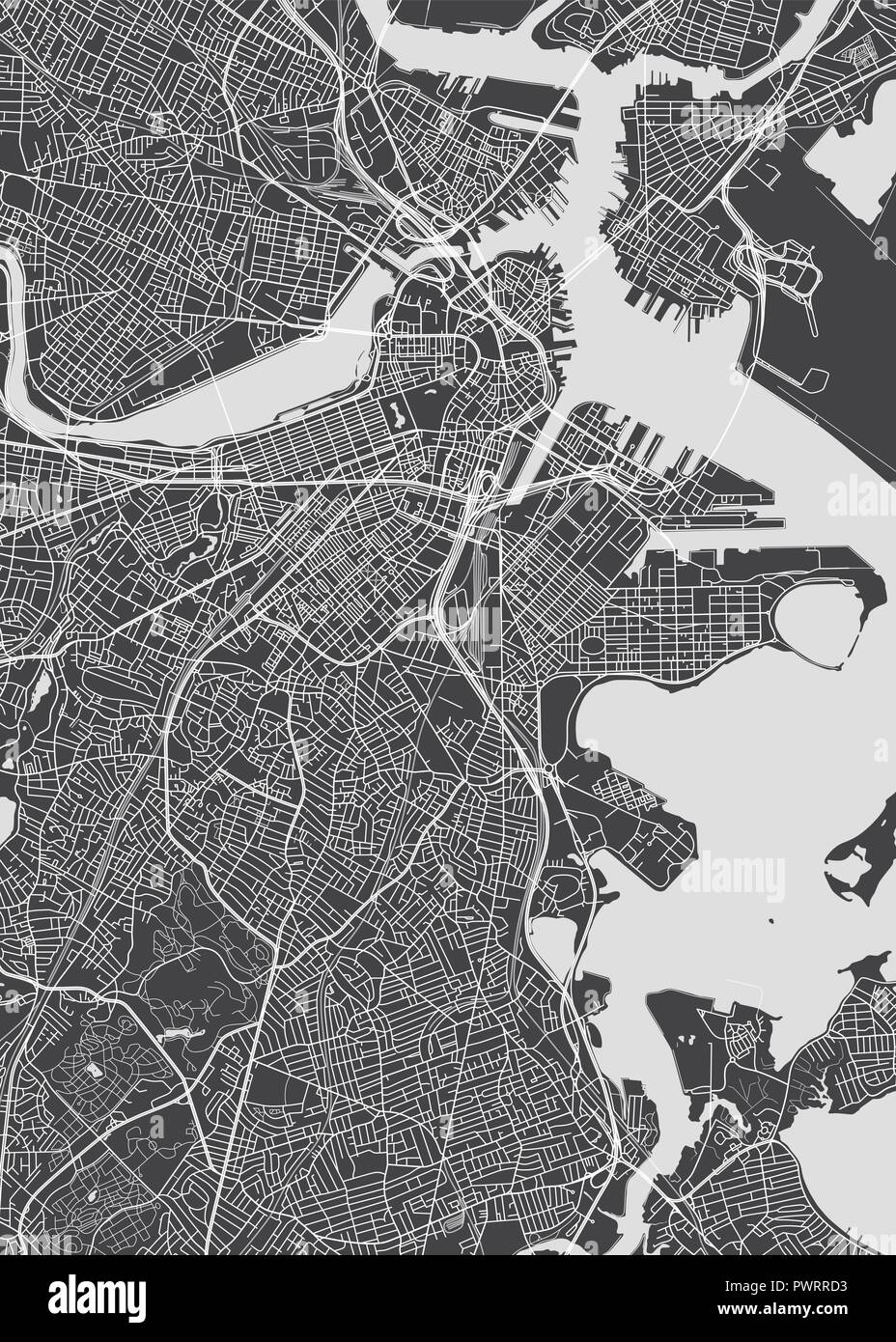 Stadtplan Boston, monochrome detaillierten Plan, Vector Illustration detaillierten Plan der Stadt, Flüsse und Straßen Stock Vektor