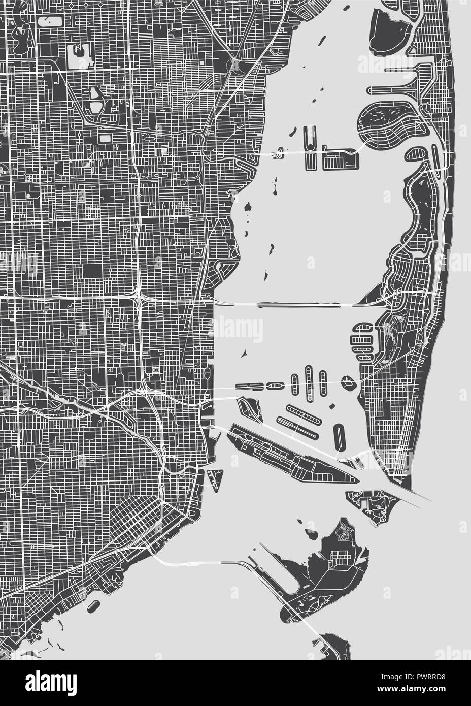 Stadtplan Miami, monochrome detaillierten Plan, Vector Illustration detaillierten Plan der Stadt, Flüsse und Straßen Stock Vektor