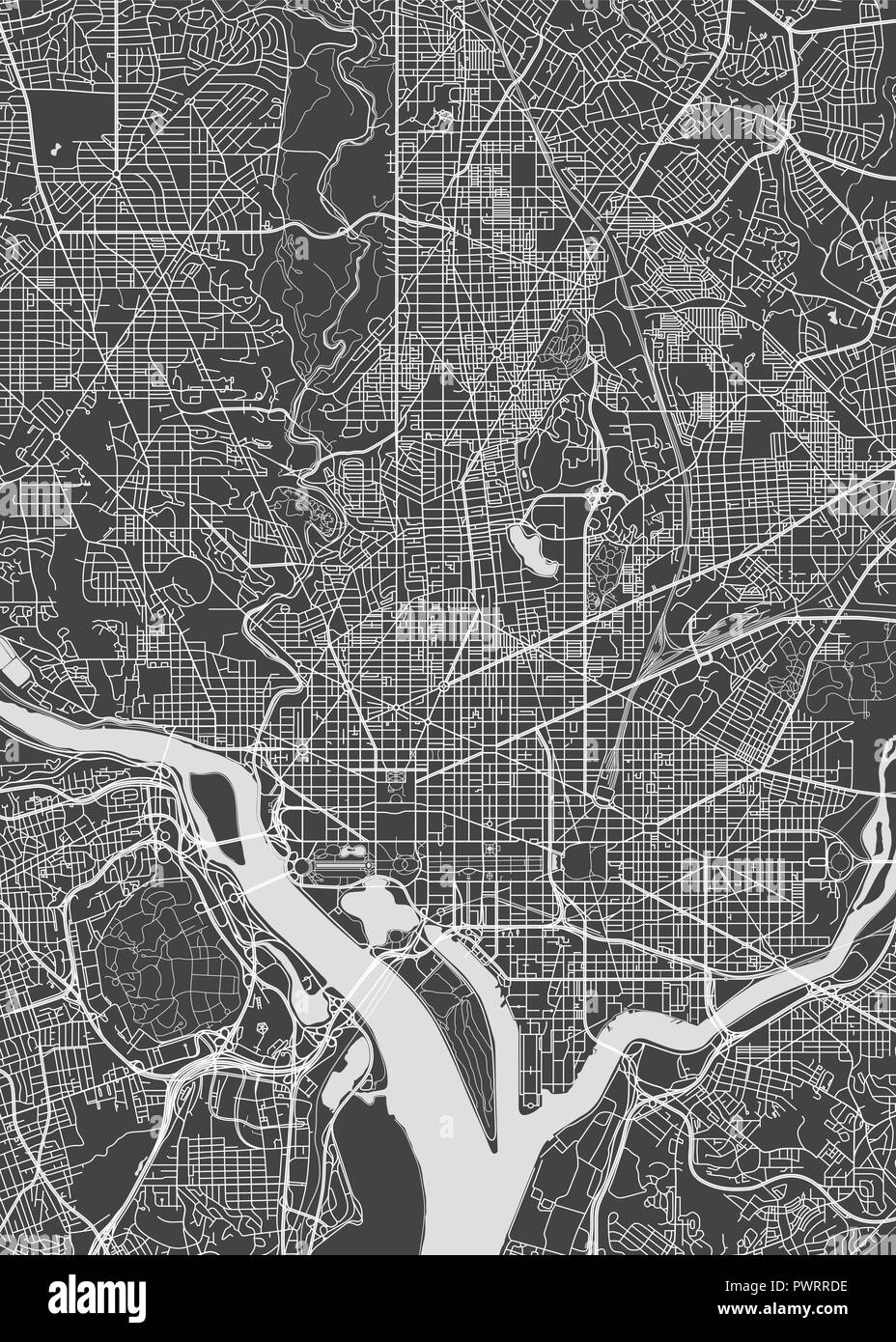 Stadtplan Washington, monochrome detaillierten Plan, Vector Illustration detaillierten Plan der Stadt, Flüsse und Straßen Stock Vektor