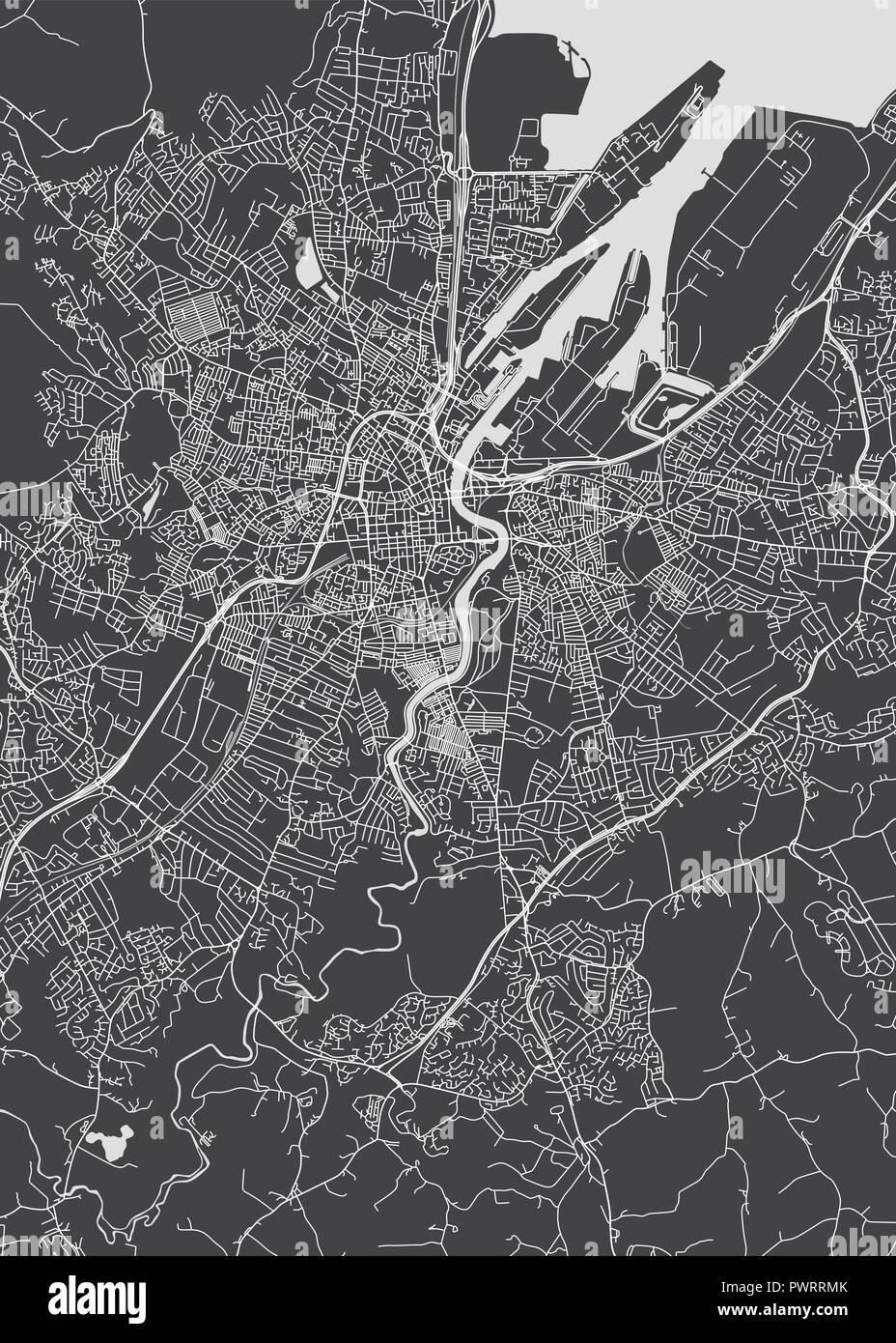 Monochrome detaillierten Plan Stadt Belfast detaillierten Plan der Stadt, Flüsse und Straßen Stock Vektor
