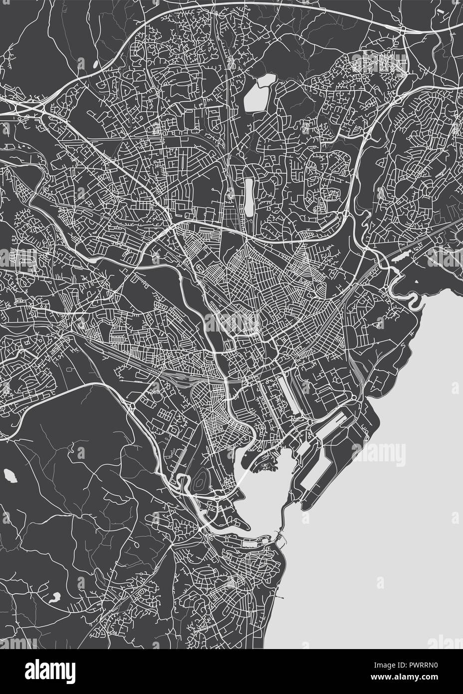 Monochrome detaillierten Plan Stadt Cardiff detaillierten Plan der Stadt, Flüsse und Straßen Stock Vektor