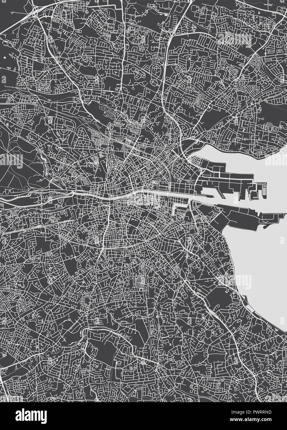 Monochrome detaillierten Plan Stadt Dublin detaillierten Plan der Stadt, Flüsse und Straßen Stock Vektor