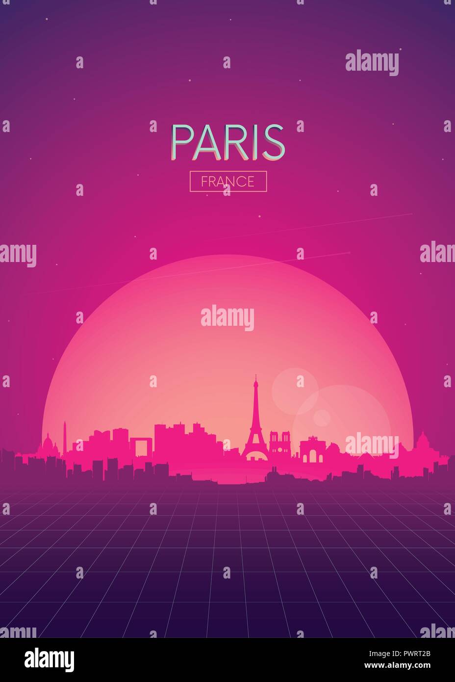 Travel poster Vektoren, Abbildungen, retro-futuristischen Skyline Paris Vorlage für Ihr Design Stock Vektor