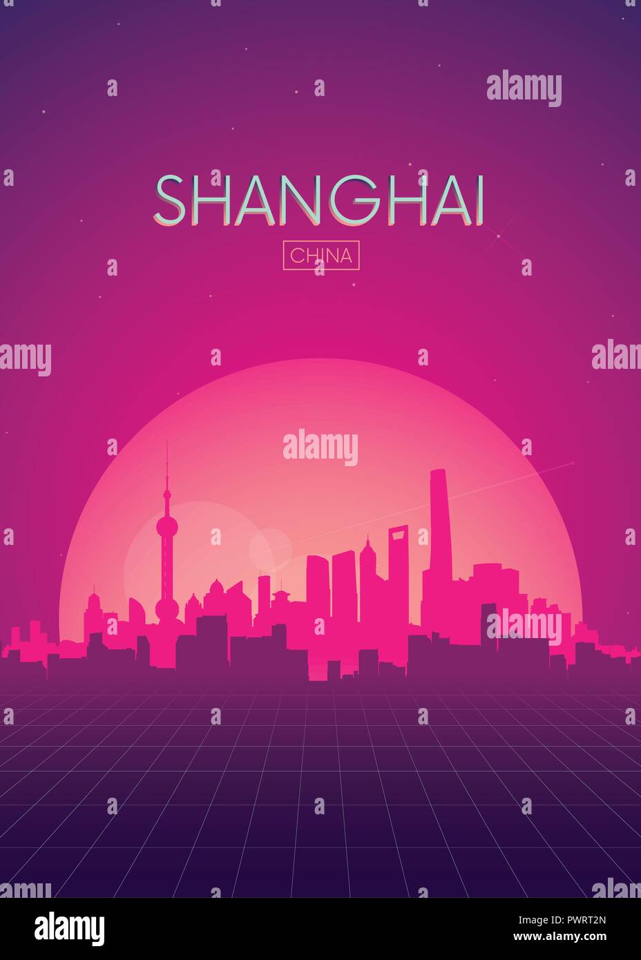 Travel poster Vektoren, Abbildungen, retro-futuristischen Skyline Shanghai Vorlage für Ihr Design Stock Vektor