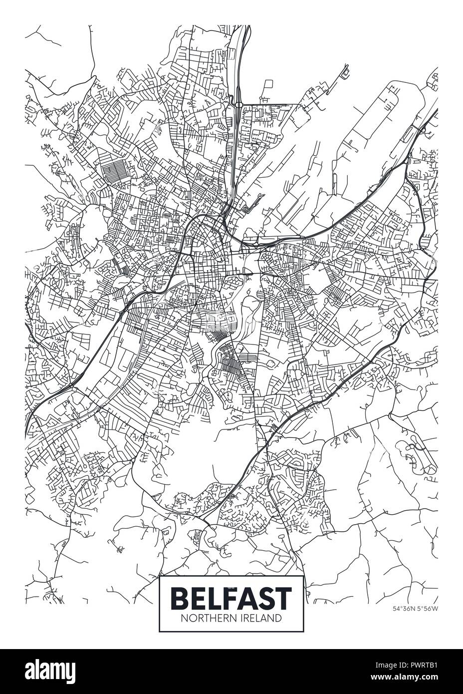 Vektor poster Stadtplan Belfast detaillierten Plan der Stadt, Flüsse und Straßen Stock Vektor