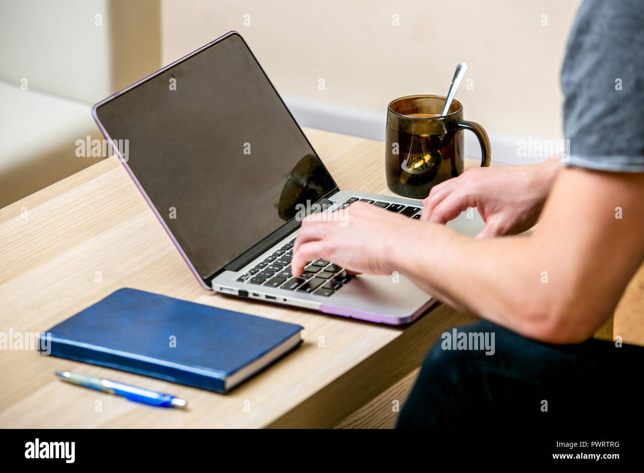 Junger Mann mit Brille, der an einem Notebook arbeitet in einem Home Office konzentriert. Sie auf einer Tastatur und scrollt Text auf dem Display. Seitenansicht Stockfoto