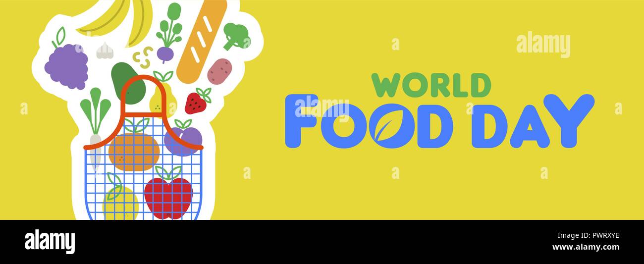 Welternährungstag Web Banner Illustration für gesunde Ernährung, Lebensmittelgeschäft Tasche und farbenfrohen cartoon Symbole. Mit Gemüse, Obst, Brot, Muttern. Stock Vektor