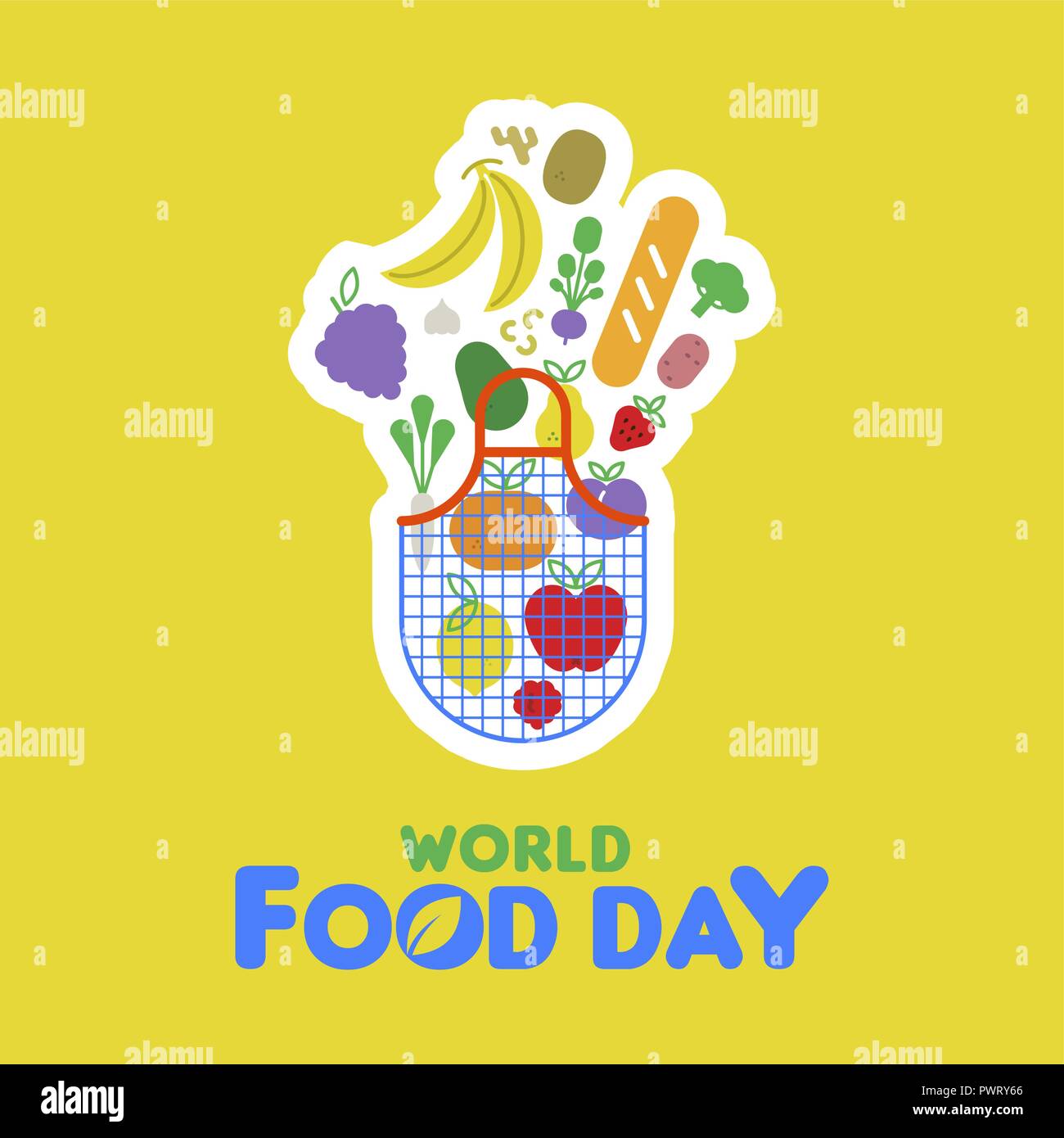 Welternährungstag Grußkarte Illustration für gesunde Ernährung, Lebensmittelgeschäft Tasche und farbenfrohen cartoon Symbole. Mit Gemüse, Obst, Brot, Muttern. Stock Vektor