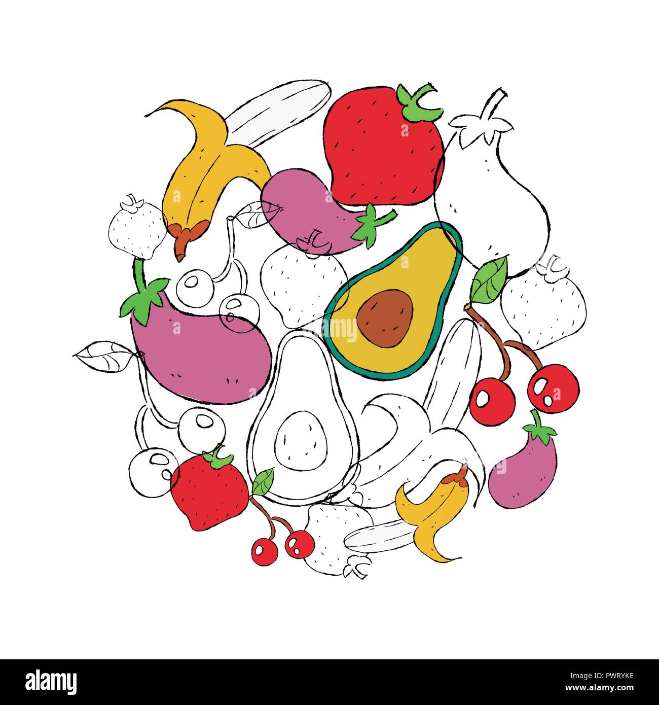 Abbildung Obst und Gemüse für eine gesunde Ernährung oder organische Nahrung Konzept erarbeitet. Stock Vektor