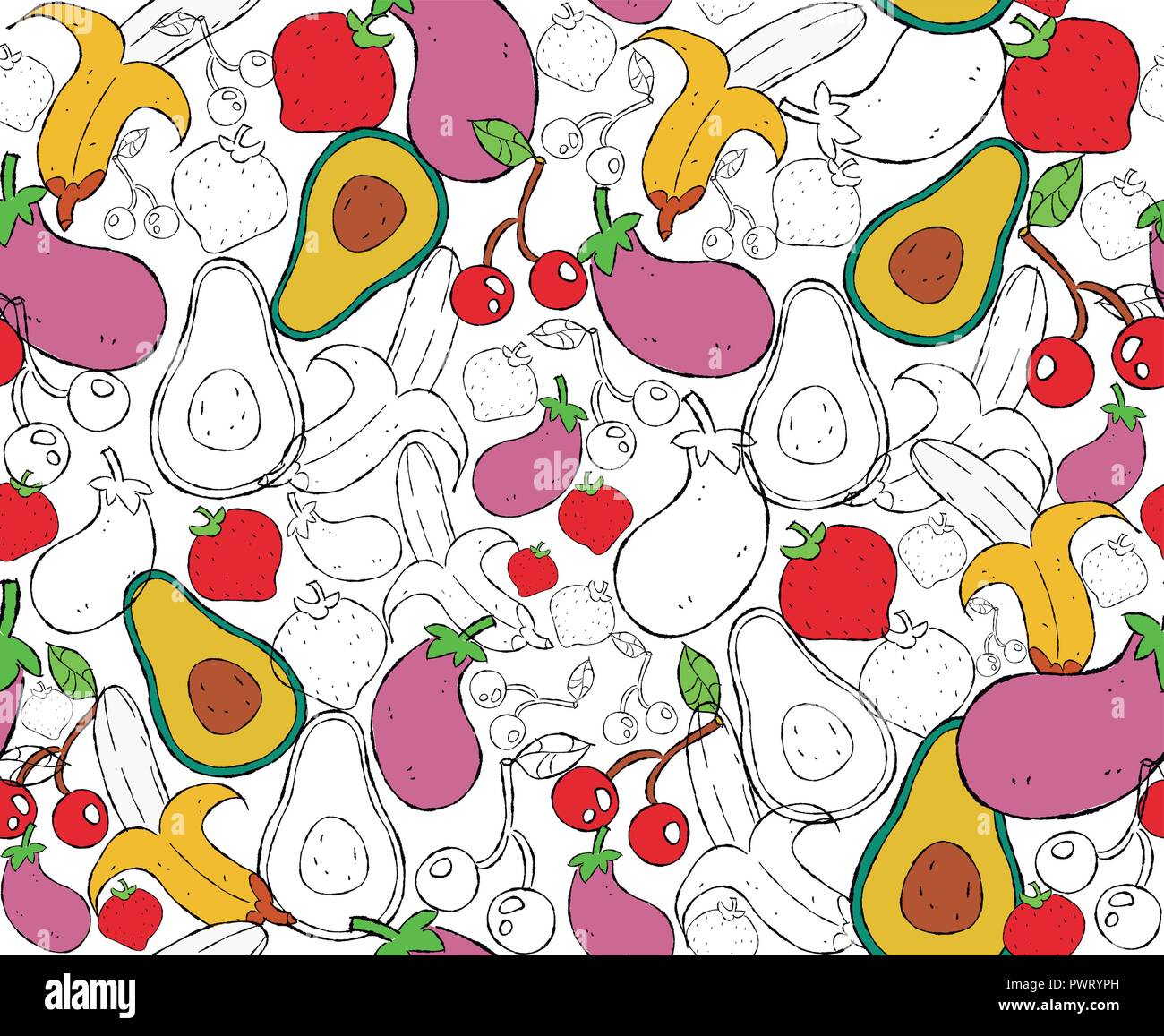 Essen nahtlose Muster mit Hand gezeichnet Obst und Gemüse Symbole. Gesunde Ernährung oder ausgewogene Ernährung Konzept Hintergrund. Stock Vektor