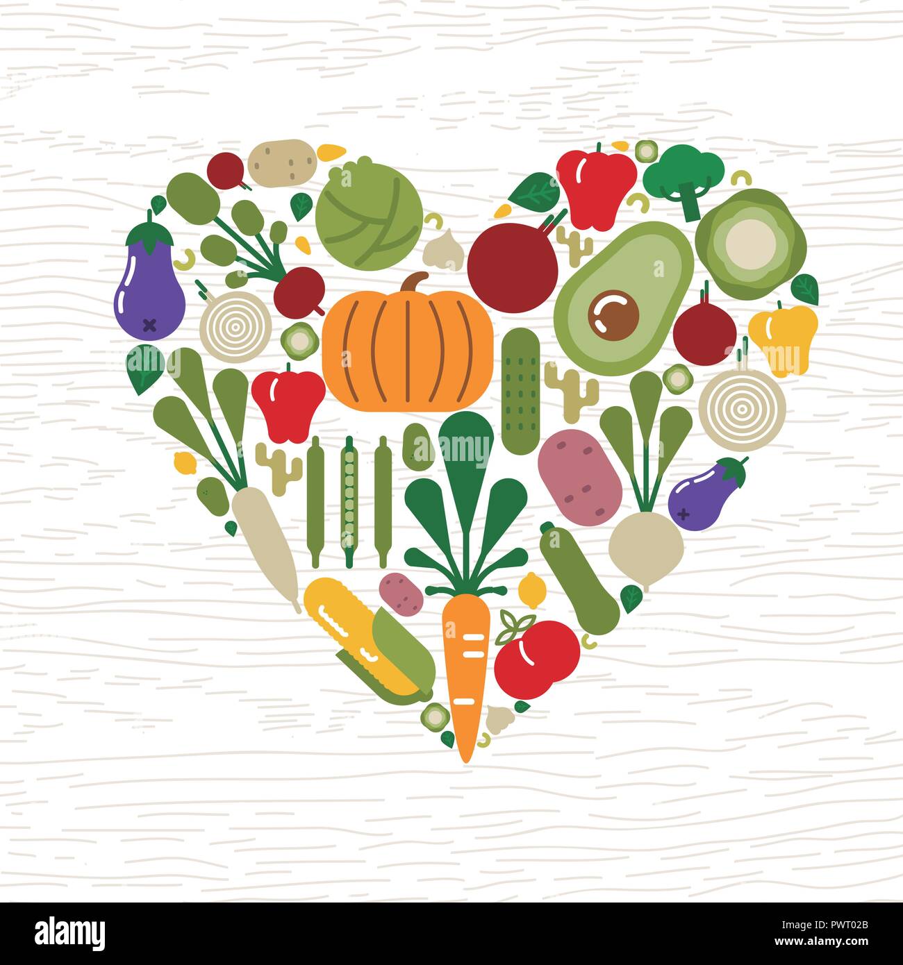 Pflanzliche Symbole ist die Herzform für gesunde Ernährung oder organische Nahrung Konzept. Mit Tomate, Kürbis, Salat, Karotte und mehr. Stock Vektor