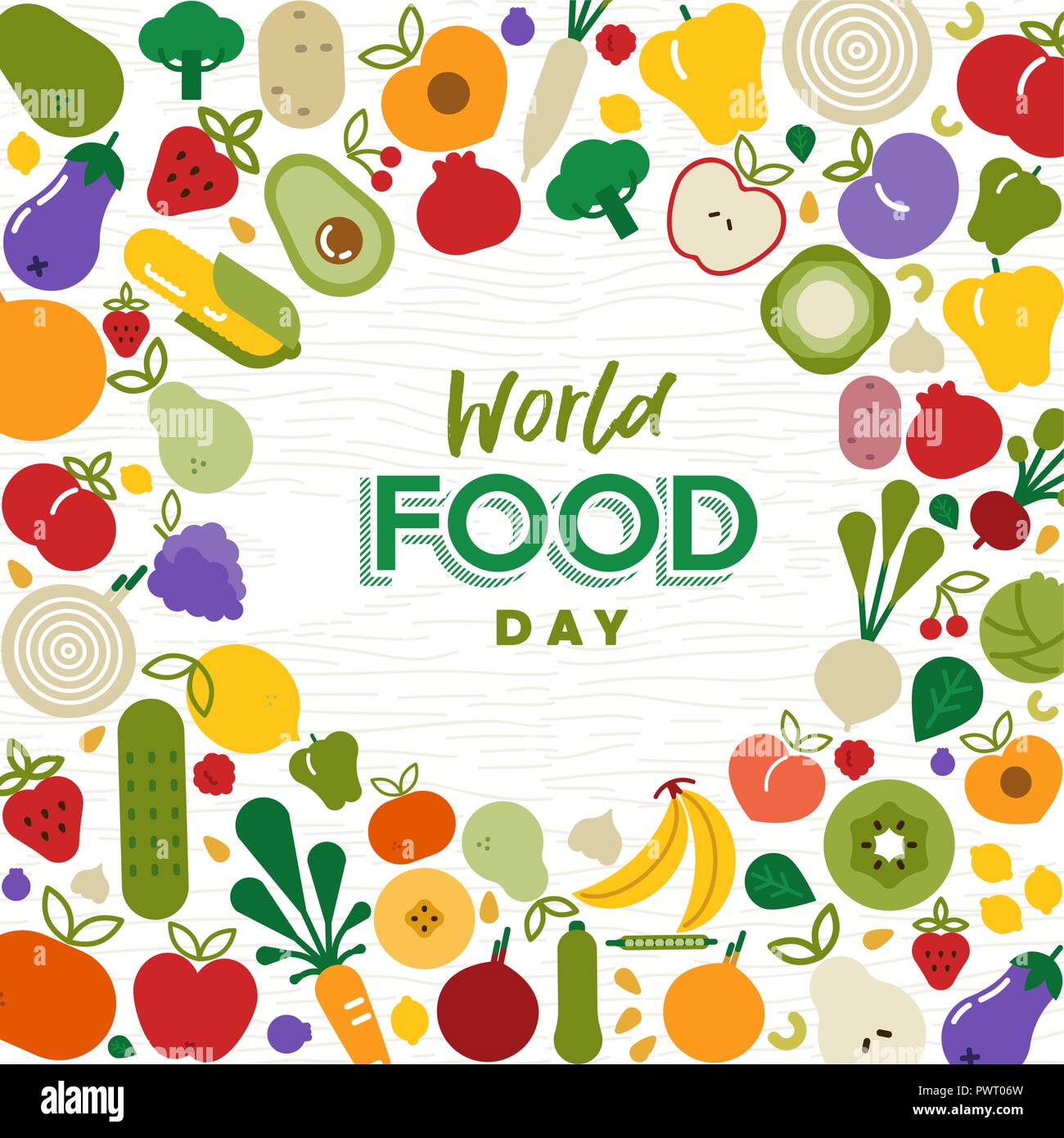 Welternährungstag Grußkarte Illustration für Ernährung oder gesunde Ernährung mit bunten Flachbild cartoon Symbole. Mit Gemüse und Obst. Stock Vektor