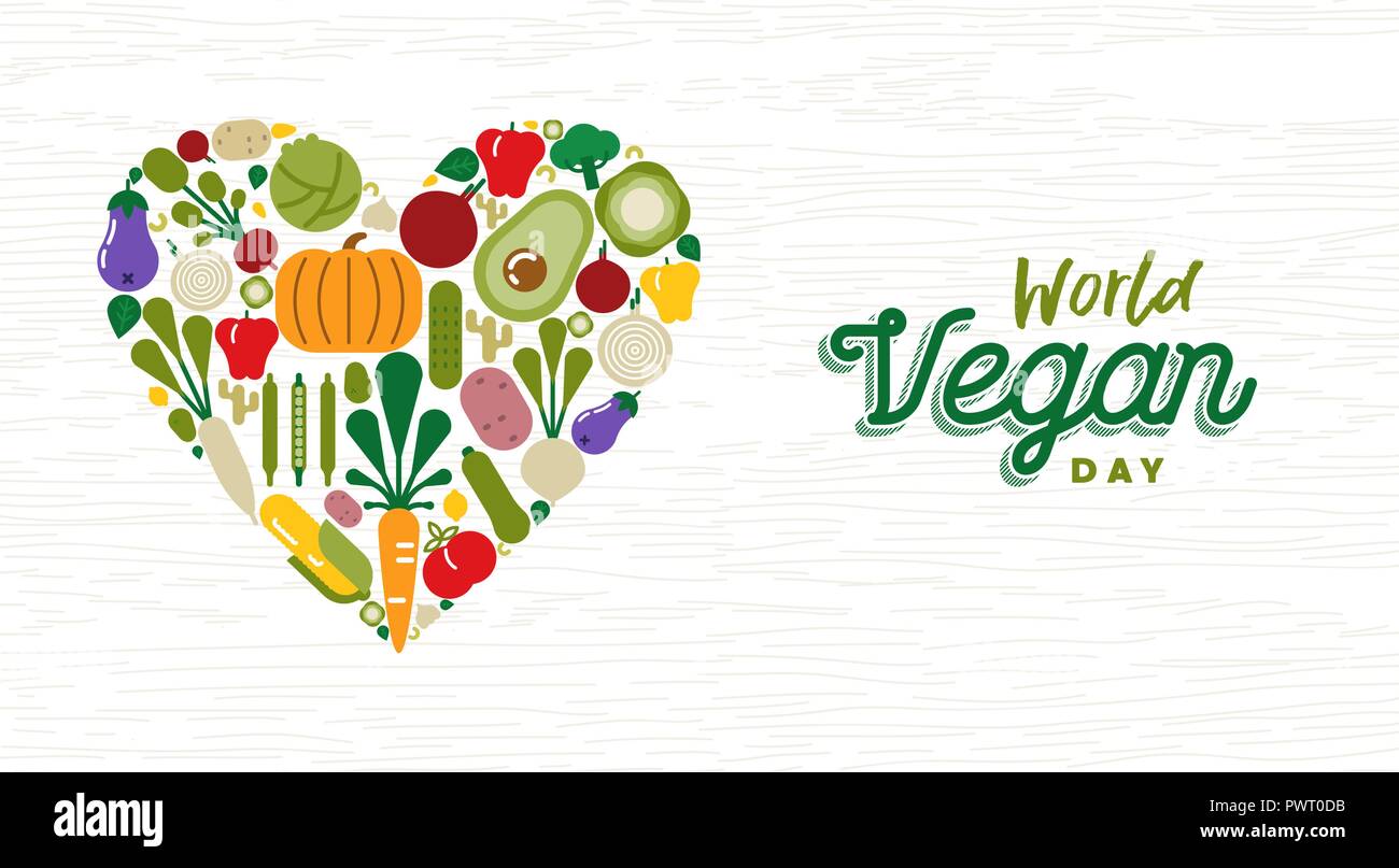 Welt Vegan Tag Grußkarte Illustration für Biolebensmittel und gesunde Ernährung mit bunten Flachbild cartoon pflanzliche Symbole. Stock Vektor