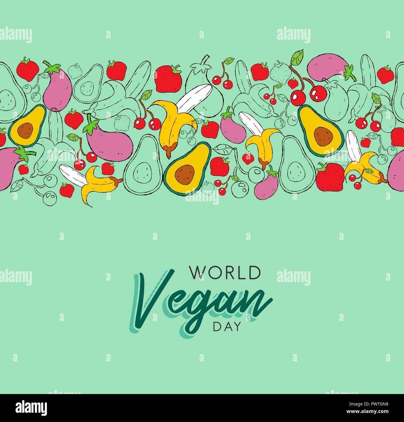 Welt Vegan tag Grußkarte Hintergrund mit Hand gezeichnet Obst und Gemüse Symbole. Gesunde Ernährung oder ausgewogene Ernährung Konzept Hintergrund. Stock Vektor