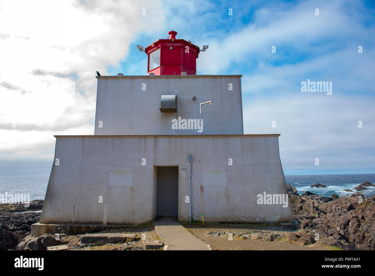 Ansicht der Amphitrite Point Lighthouse in Ucluelet, Vancouver Island, BC, Kanada Stockfoto