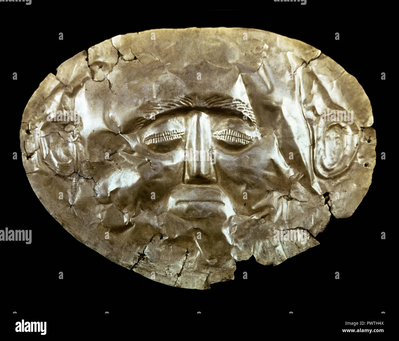 Grabkunst Maske in Goldfolie durch Prägung. Tomb IV. Kreis A. 16. Jahrhundert v. Chr.. Königsgräber von Mykene. Nationalen Archäologischen Museum. Athen, Griechenland. Stockfoto