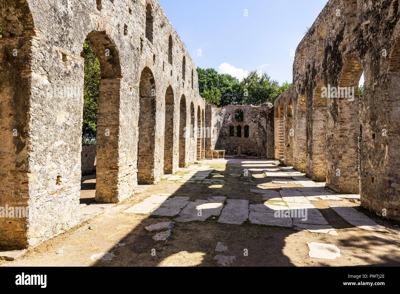 Basilika, antiken Stadt Butrint, Nationalpark Butrint, Saranda, Albanien Stockfoto