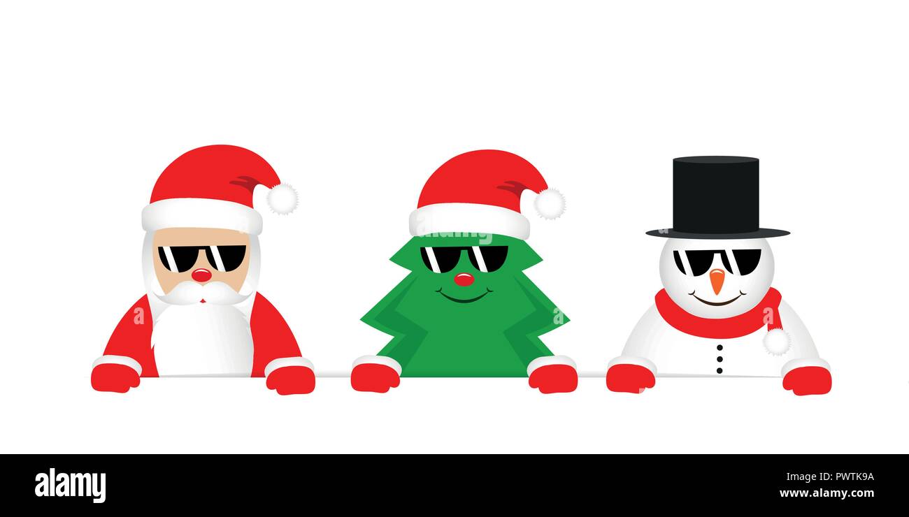 Niedliche Weihnachtsmann Weihnachtsbaum und Schneemann cartoon mit Sonnenbrille Vektor-illustration EPS 10. Stock Vektor