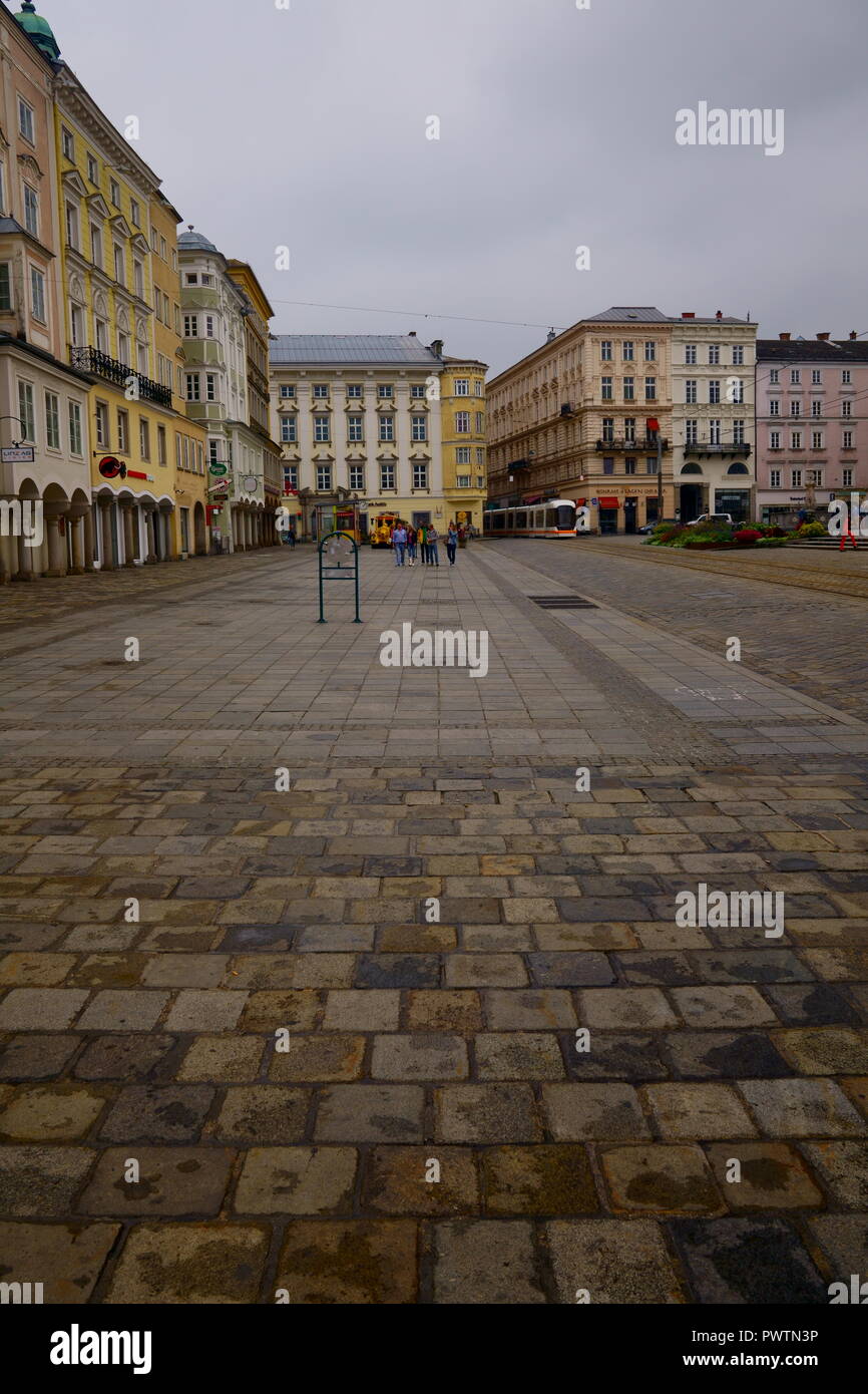 Farbenfrohe historische Stadt Linz, Österreich Stockfoto