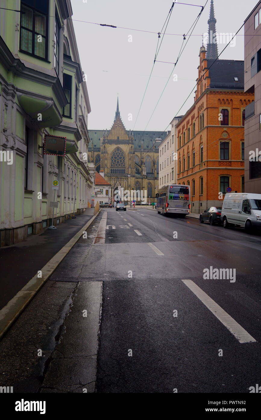 Farbenfrohe historische Stadt Linz, Österreich Stockfoto