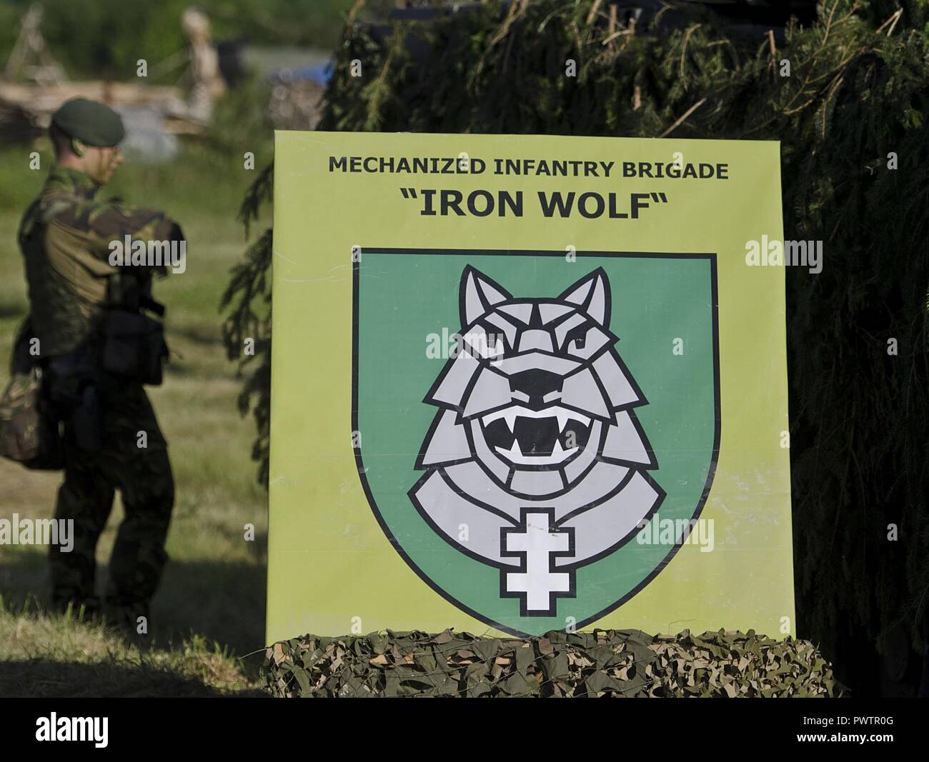 Die mechanisierte Infanterie Brigade "Eisernen Wolf" ist eine Einheit von Land Kräfte der Litauischen Streitkräfte, die in der Übung Iron Wolf, einer Komponente von Sabre Streik 17, in Rukla, Litauen, 20. Juni 2017 teilgenommen. Die wichtigsten Ziele der Übung Iron Wolf 2017 werden Ausbildung und Ausübung mehrerer NATO eFP Battle Groups mit dem Fokus auf die Förderung der Interoperabilität zwischen den Verbündeten und Partnern. Jedes multinationale und robuste eFP Battle Group in Estland, Lettland, Litauen und Polen stationiert sind Teil der Bemühungen der Vereinigten Staaten und die NATO-Verbündeten und Partnern Aggression throughou abzuhalten Stockfoto