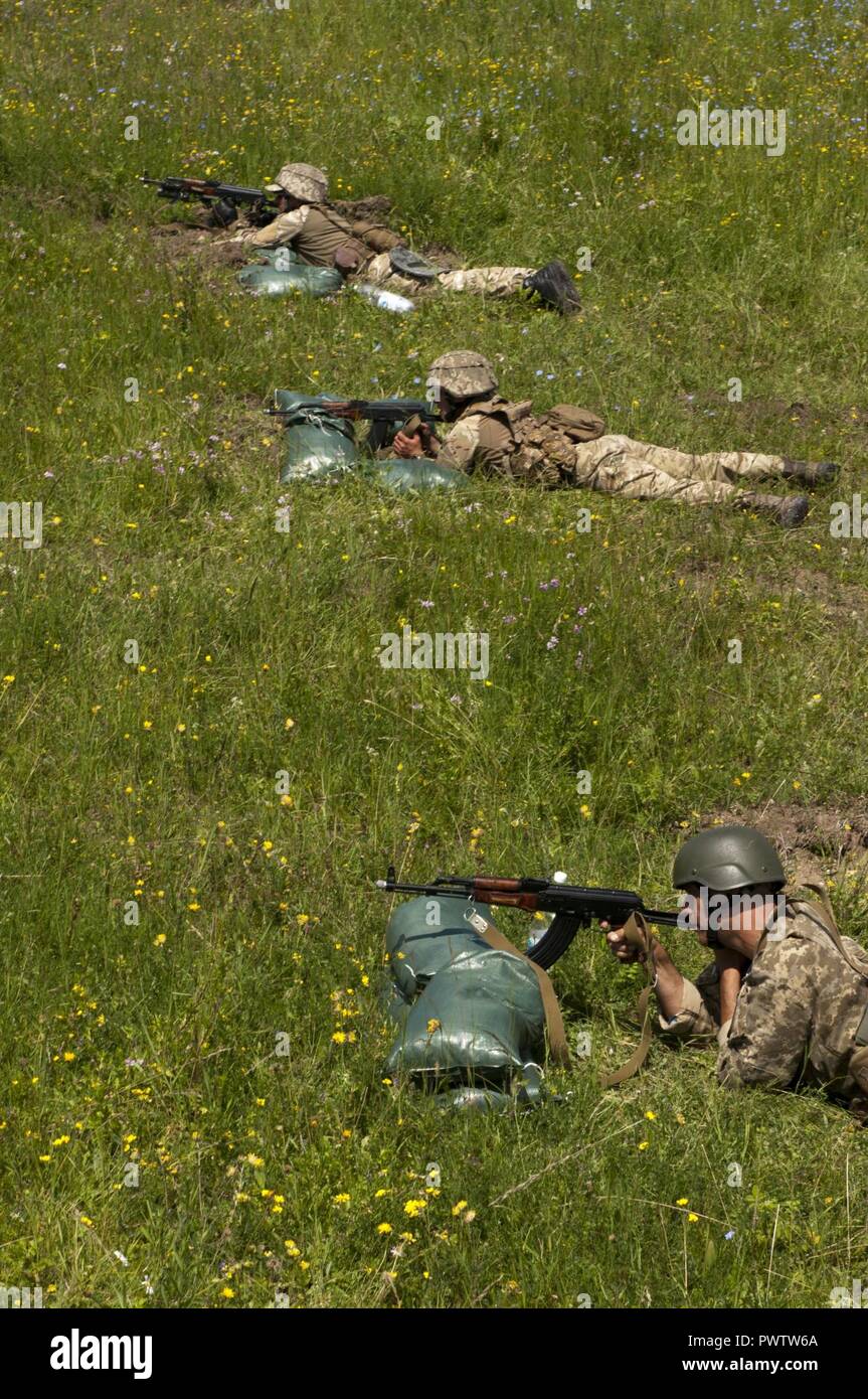 Soldaten mit der Ukraine 1 Airmobile Bataillon, 79 Air Assault Brigade liegen in der defensive Positionen während einer Firma Bewegung und Angriff Übung in der yavoriv Combat Training Center auf dem internationalen Friedens und der Sicherheit, in der Nähe der Yavoriv, der Ukraine, der am 21. Juni. Yavoriv CTC Personal, zusammen mit Mentoren aus 45Th der US Army Infantry Brigade Combat Team, führte die Ausbildung von Soldaten aus dem 1-79 Th während der Drehung des Bataillon durch die YAVORIV CTC. Der 45. ist in der Ukraine als Teil des Gemeinsamen multinationalen Ausbildung Group-Ukraine, eine internationale Koalition dedica bereitgestellt Stockfoto